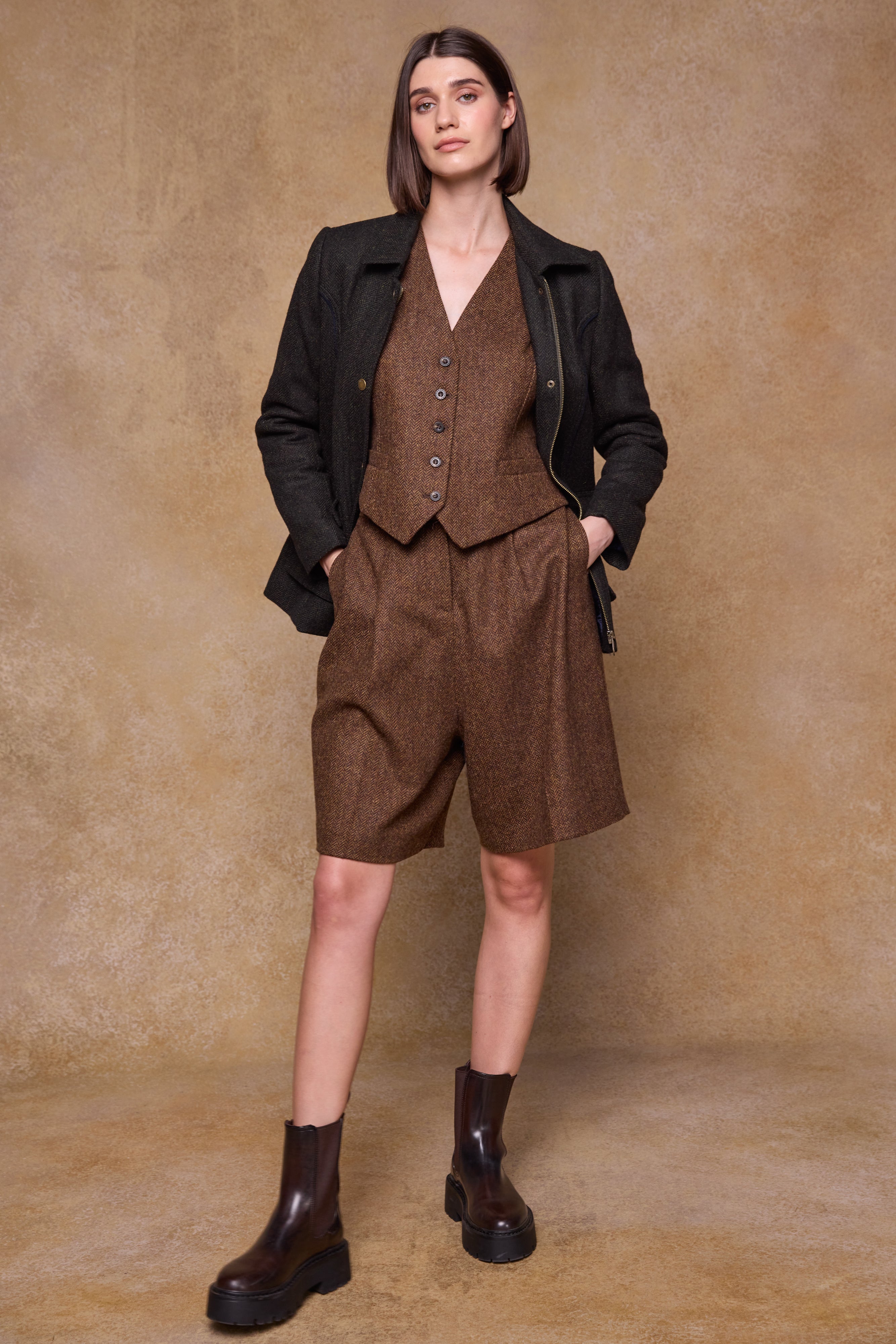 Heidi Tweed Waistcoat - Chestnut Herringbone
