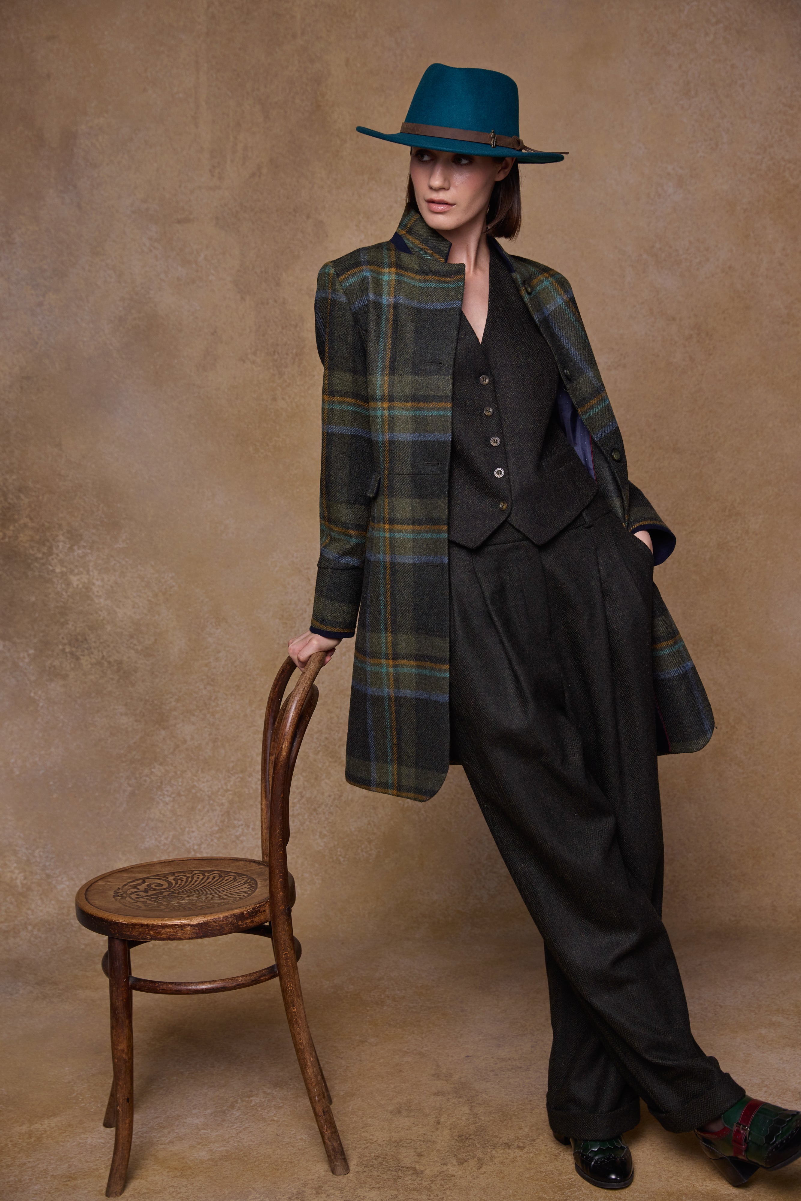Faye Tweed Trousers - Green Herringbone