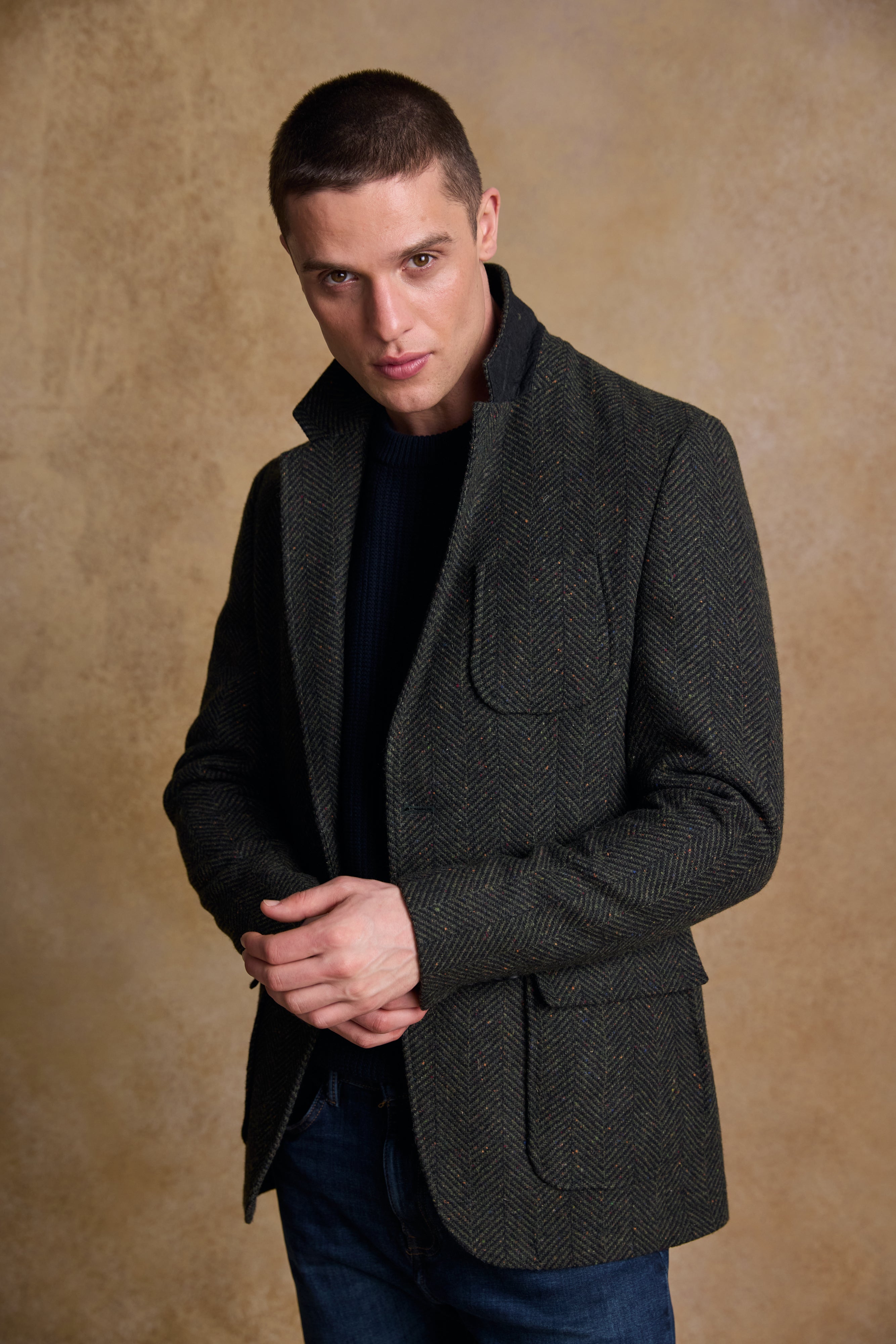 Owen Tweed Coat - Olivgrünes breites Fischgrätenmuster