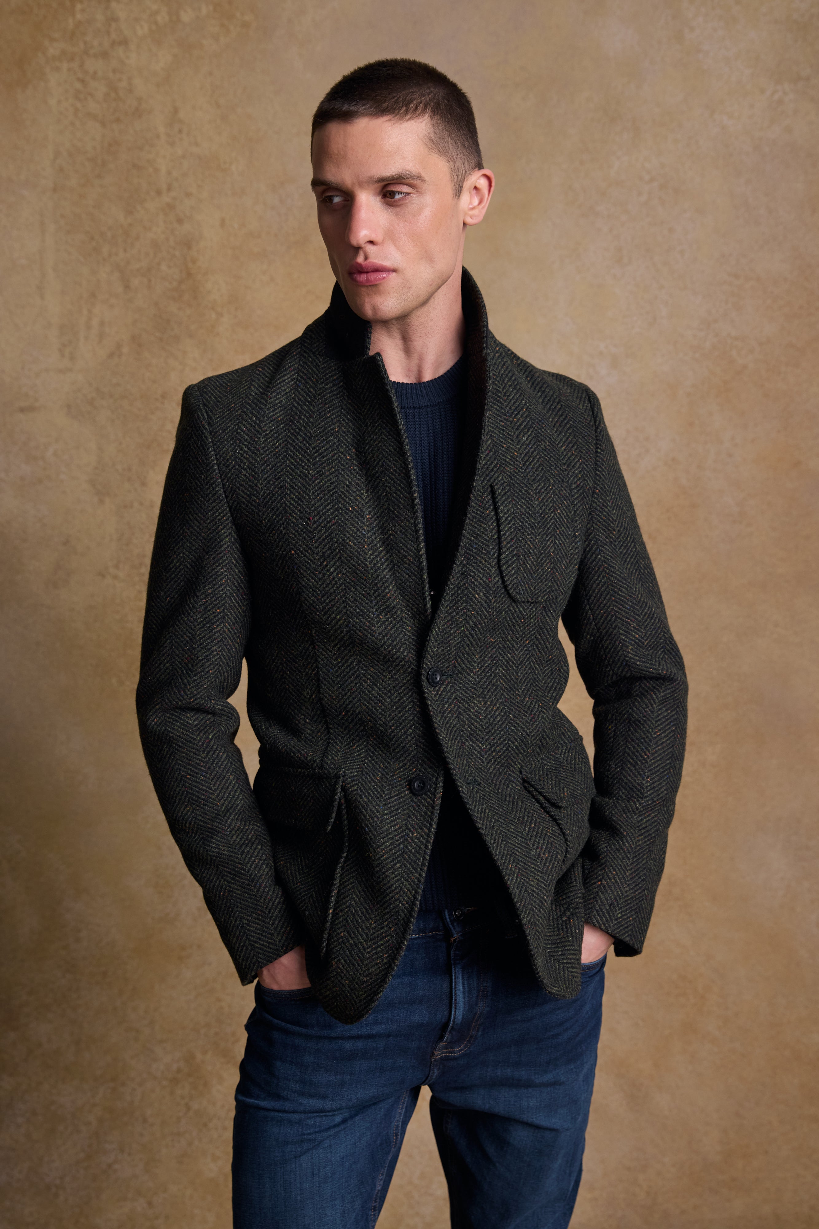 Owen Tweed Coat - Olivgrünes breites Fischgrätenmuster