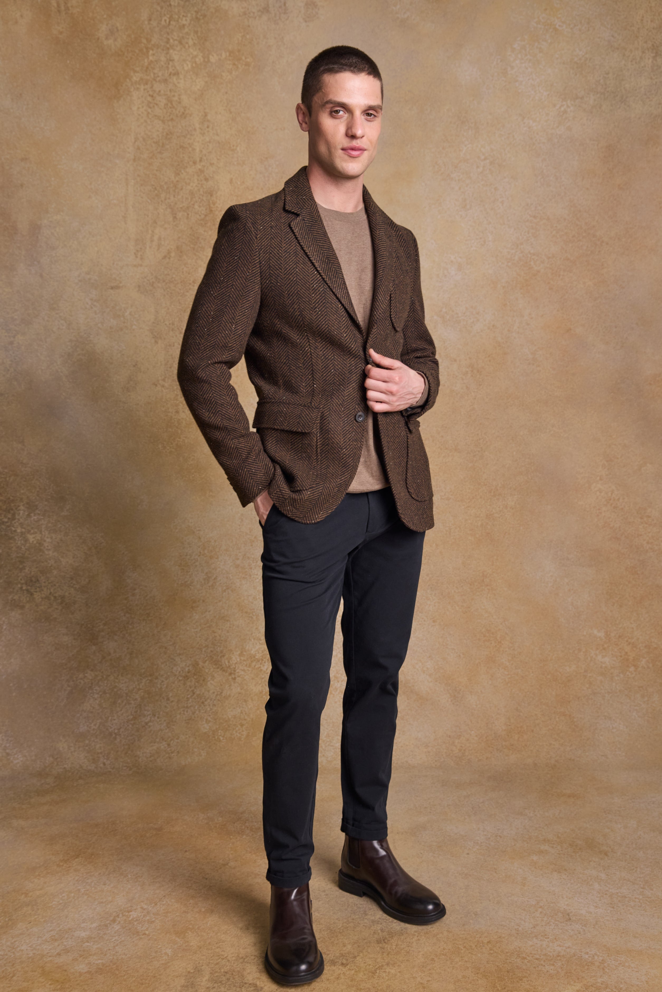 Owen Tweed Coat - Olivgrünes breites Fischgrätenmuster