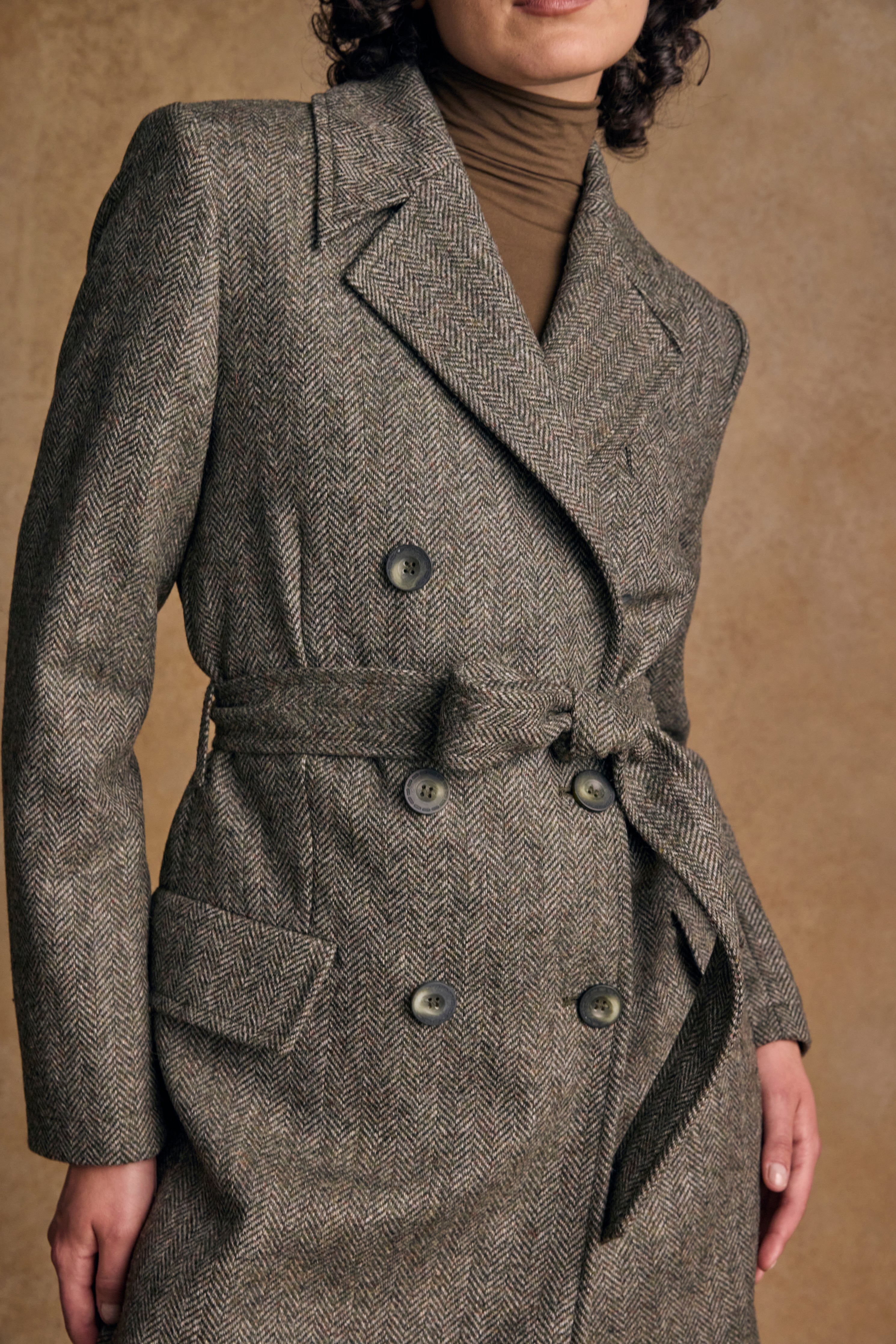 Clodagh Wool Coat - Olive Teal Herringbone