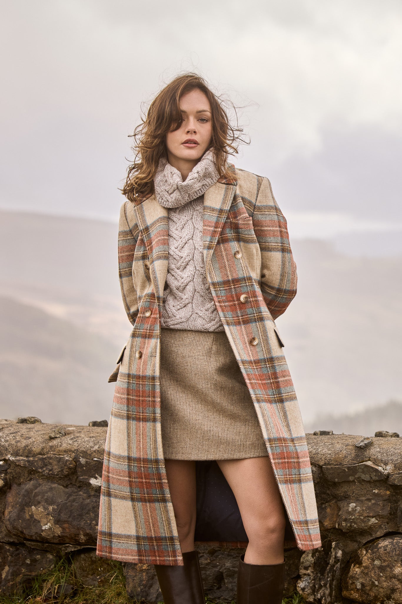 Manteau en laine Clodagh - Sauge & Émeraude à carreaux