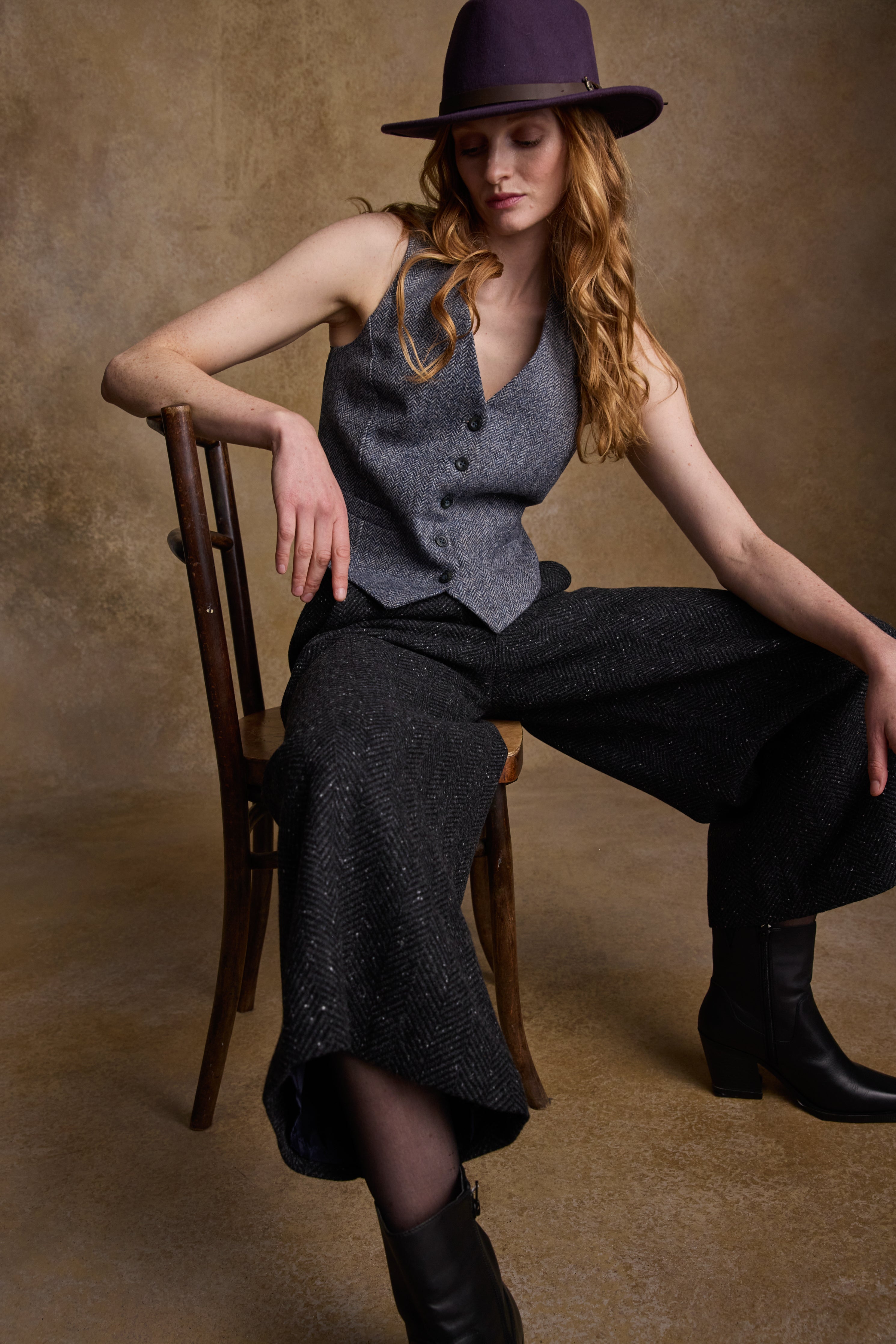 Heidi Tweed Waistcoat - Denim Herringbone