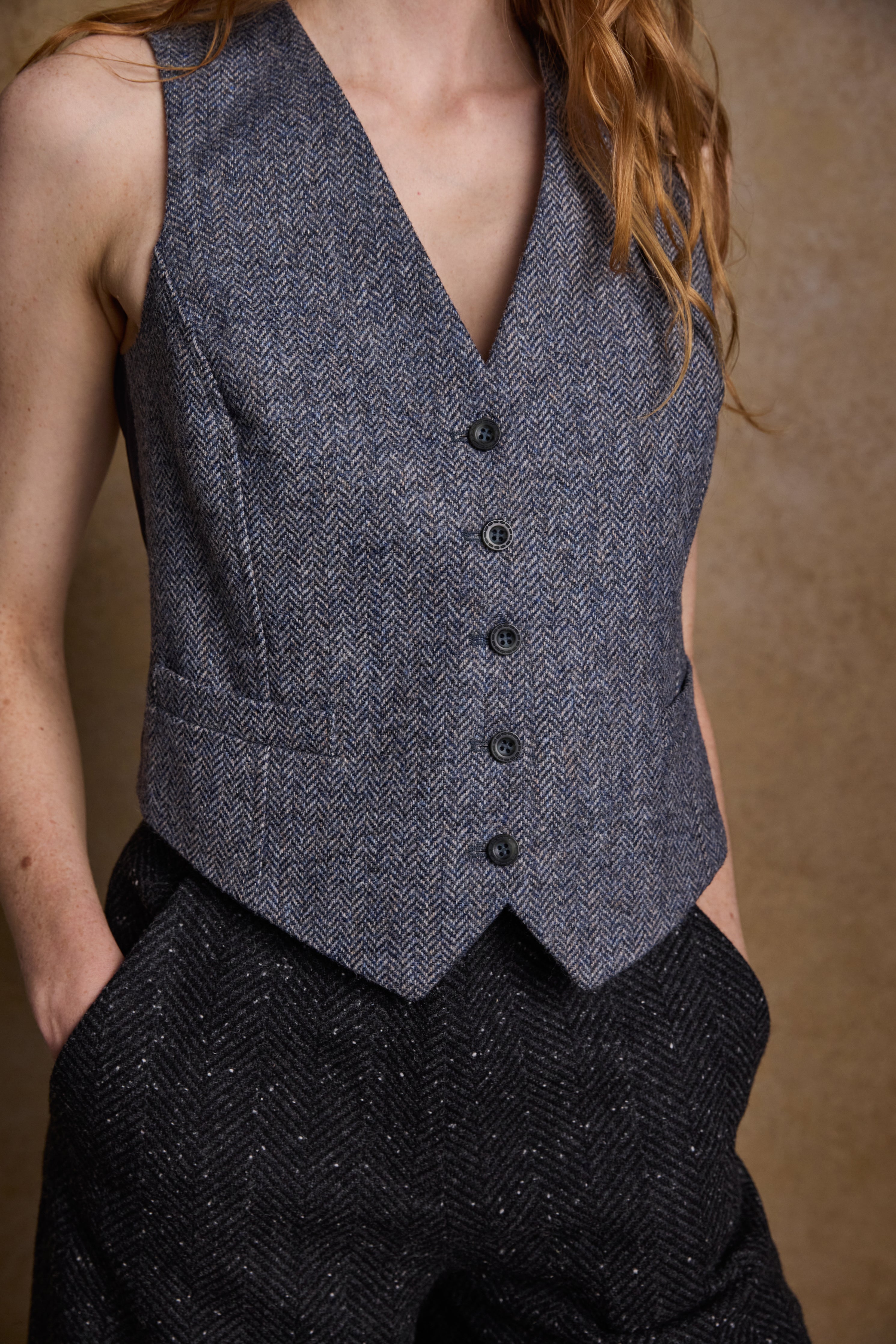 Heidi Tweed Waistcoat - Denim Herringbone