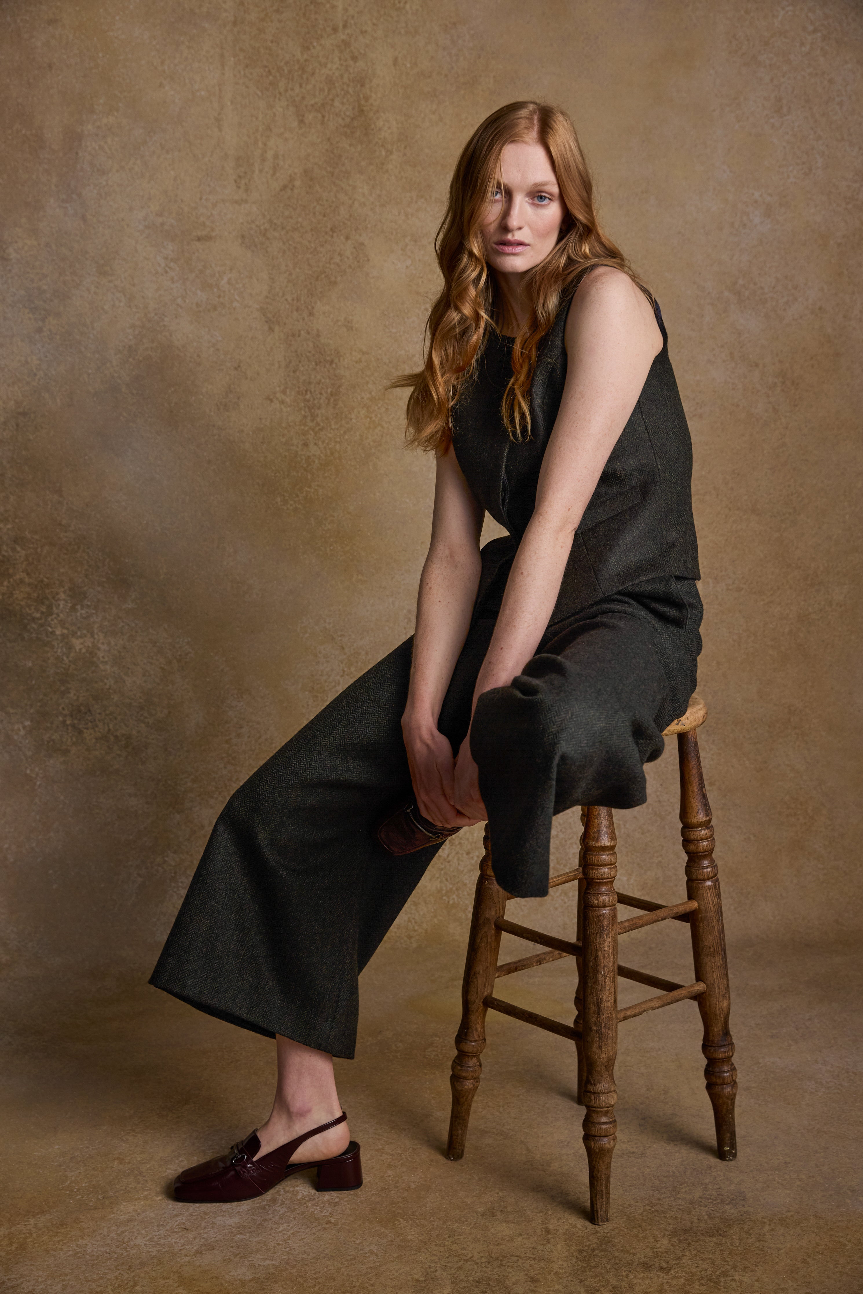 Eva Tweed Waistcoat - Deep Green Herringbone