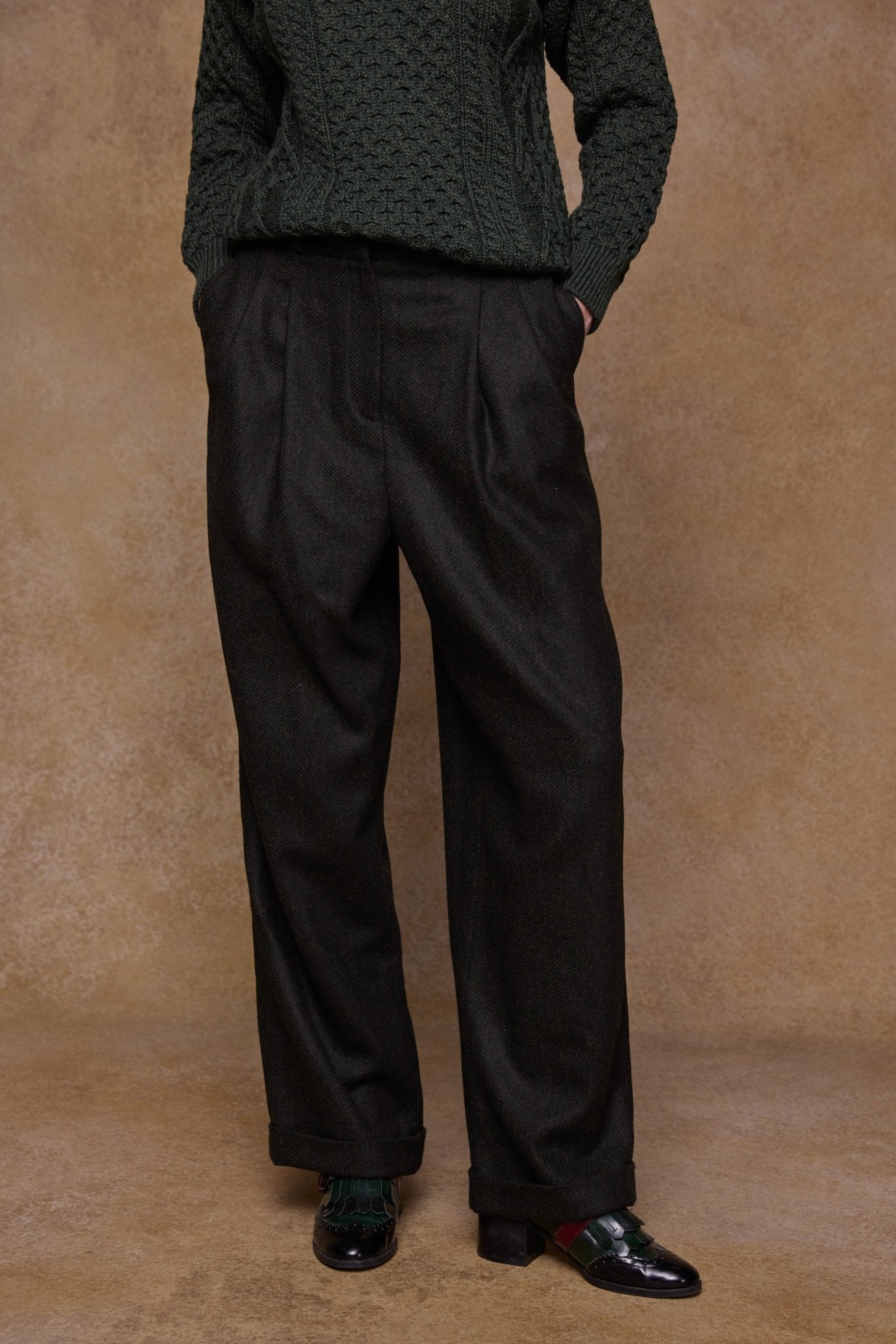 Jack Murphy Clothing - Faye Tweed Trousers - Green Herringbone - Tweed