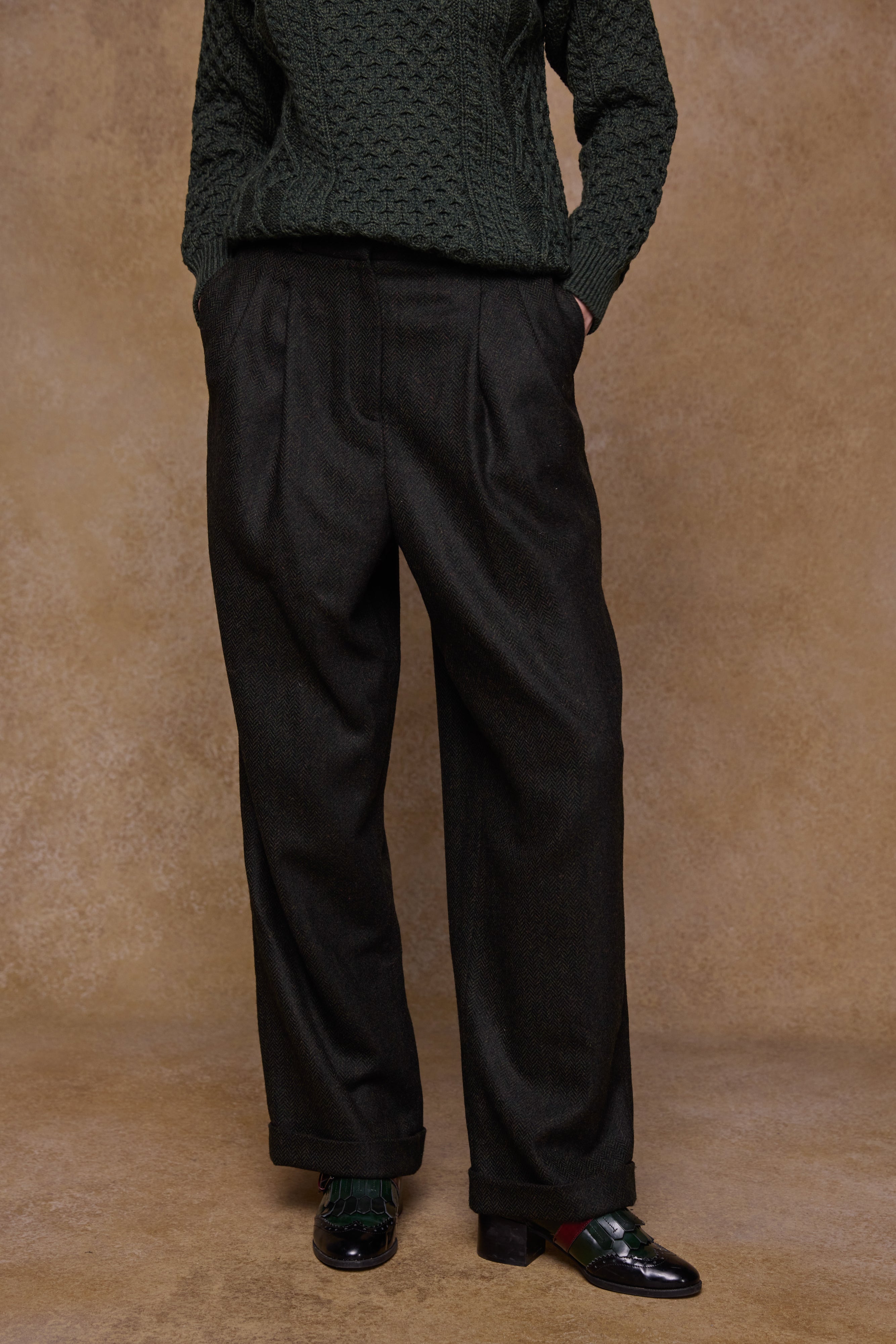 Faye Tweed Trousers - Green Herringbone