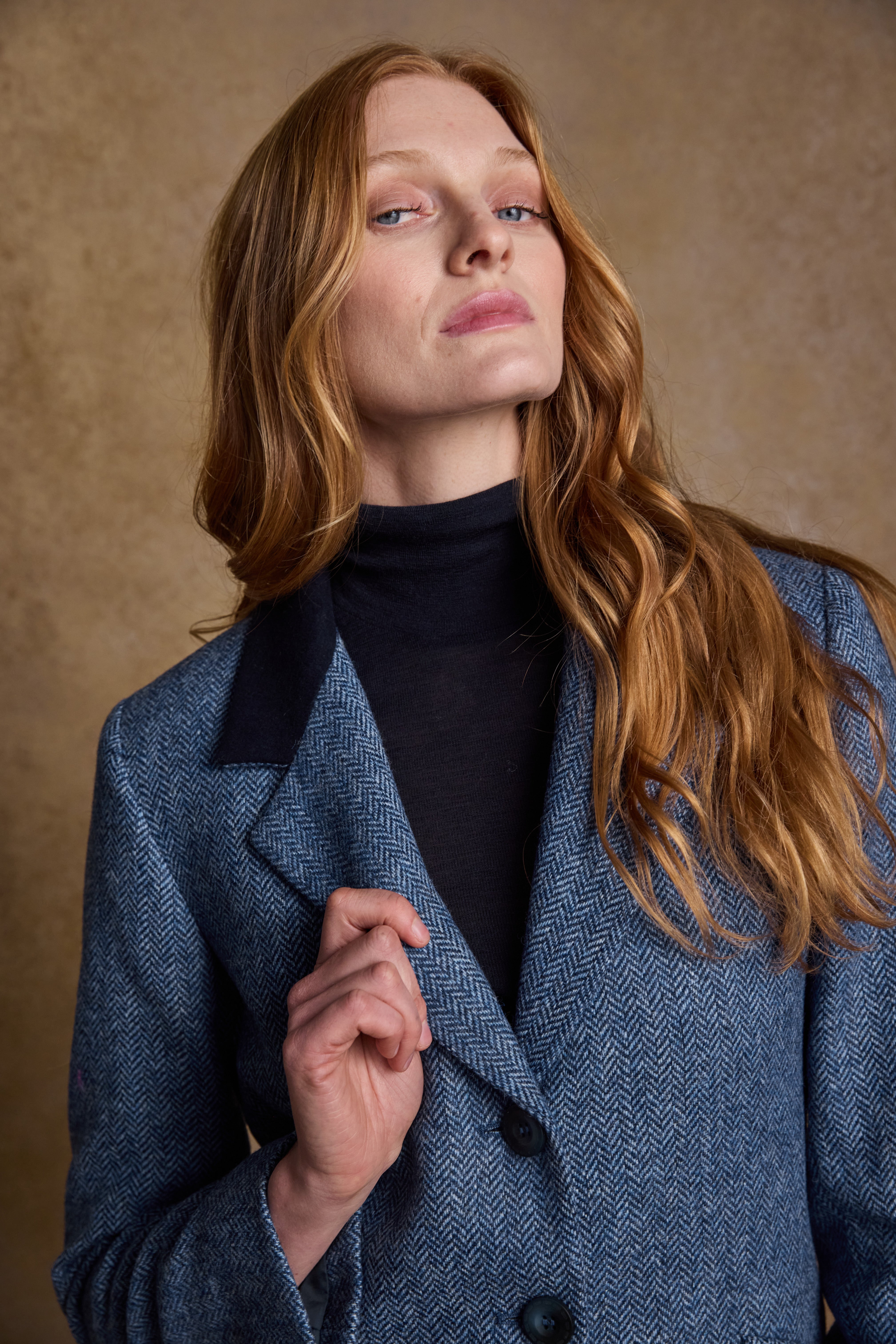 Fran Tweed Coat - Light Blue Herringbone