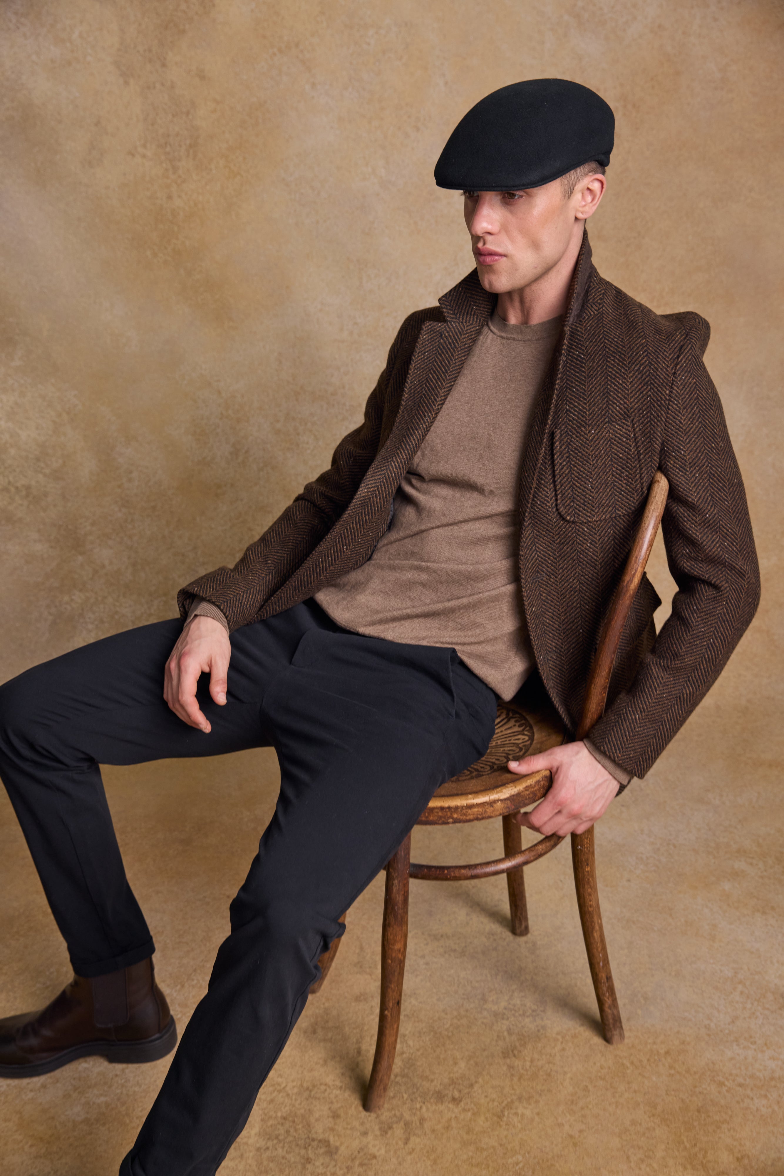 Owen Tweed Coat - Olivgrünes breites Fischgrätenmuster