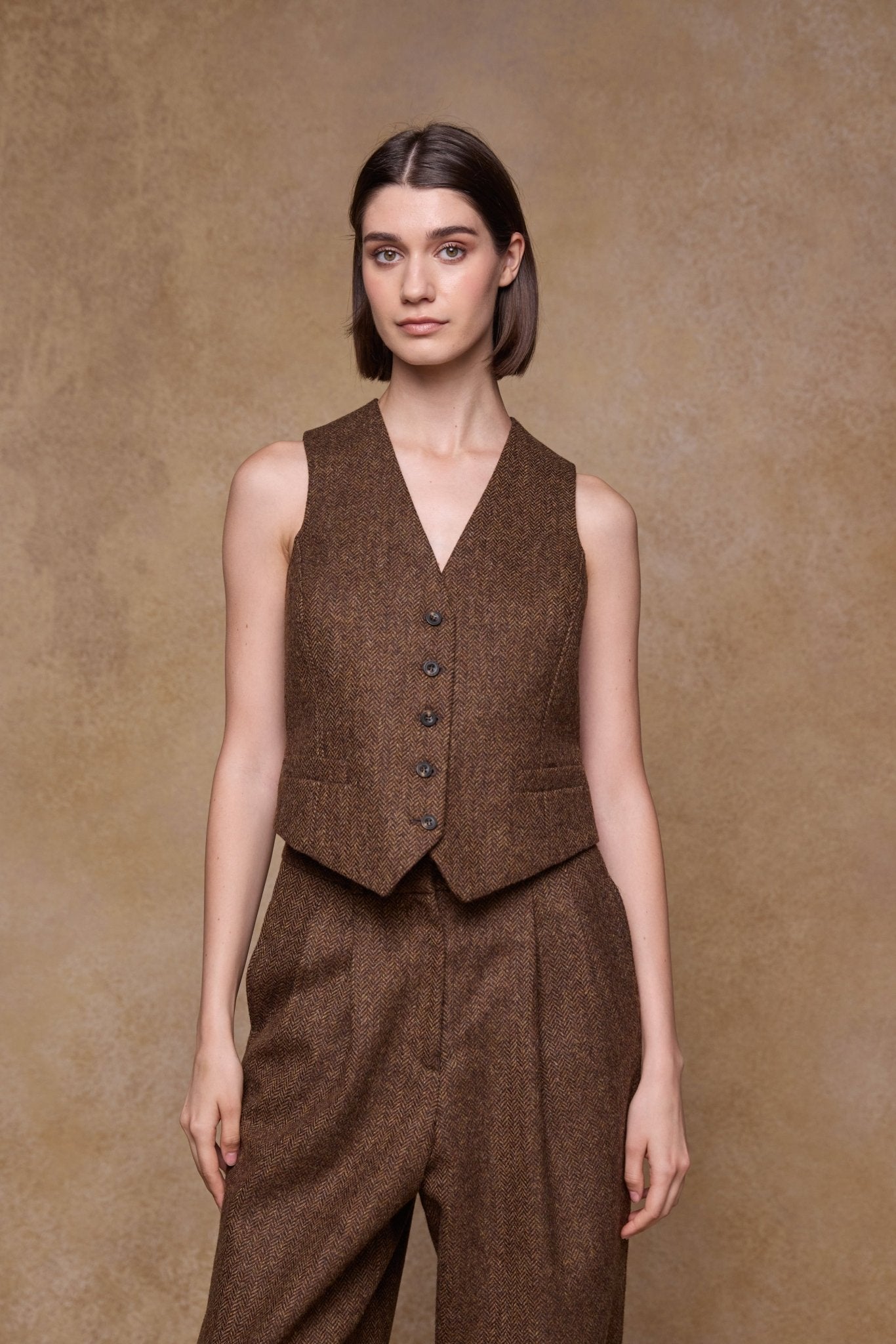 Jack Murphy Clothing - Heidi Tweed Waistcoat - Chestnut Herringbone - Tweed