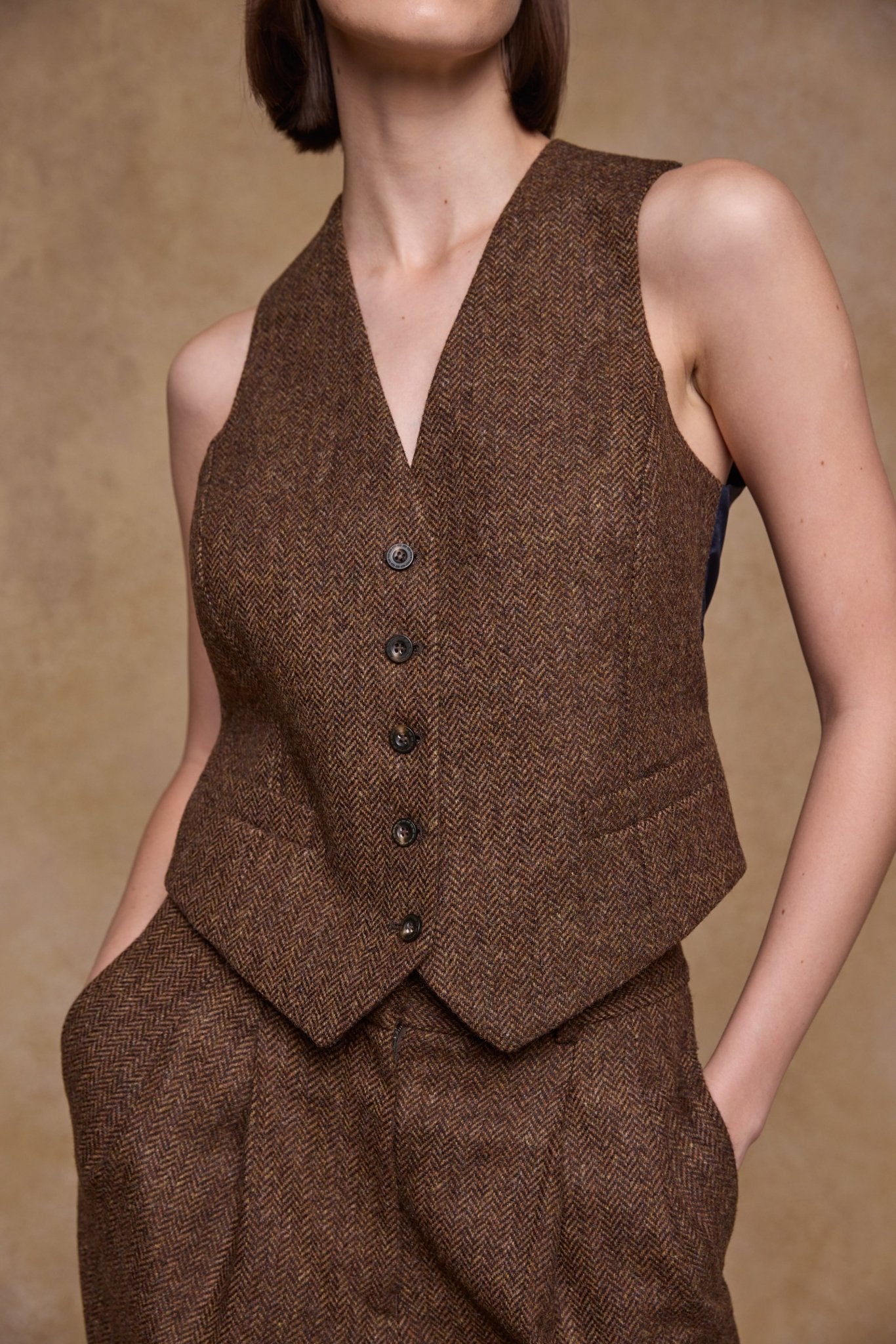 Jack Murphy Clothing - Heidi Tweed Waistcoat - Chestnut Herringbone - Tweed
