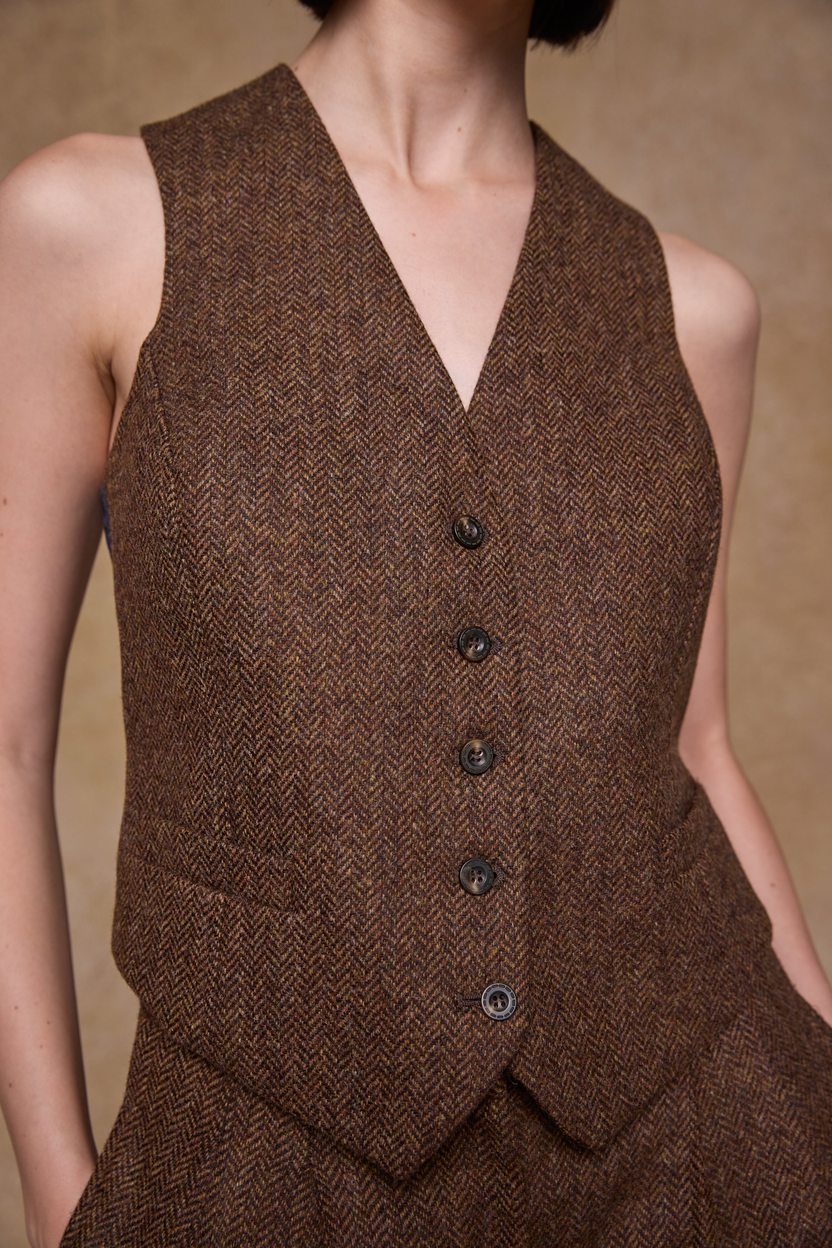 Heidi Tweed Waistcoat - Chestnut Herringbone