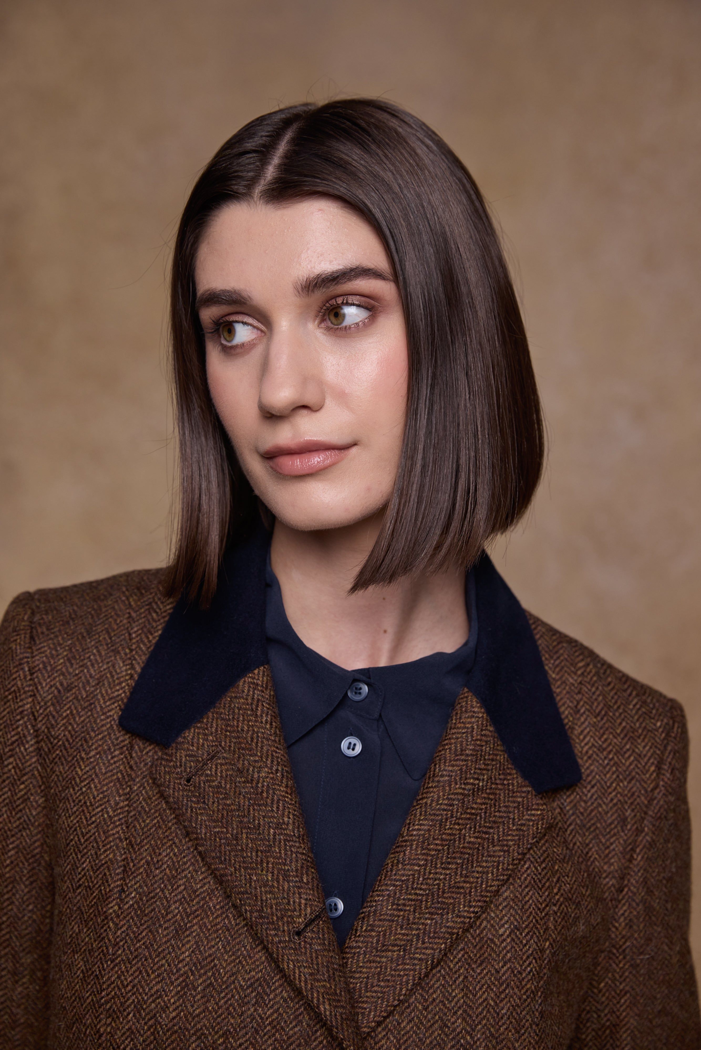 Isabella Tweed Mantel - Hellbraunes Fischgrätenmuster