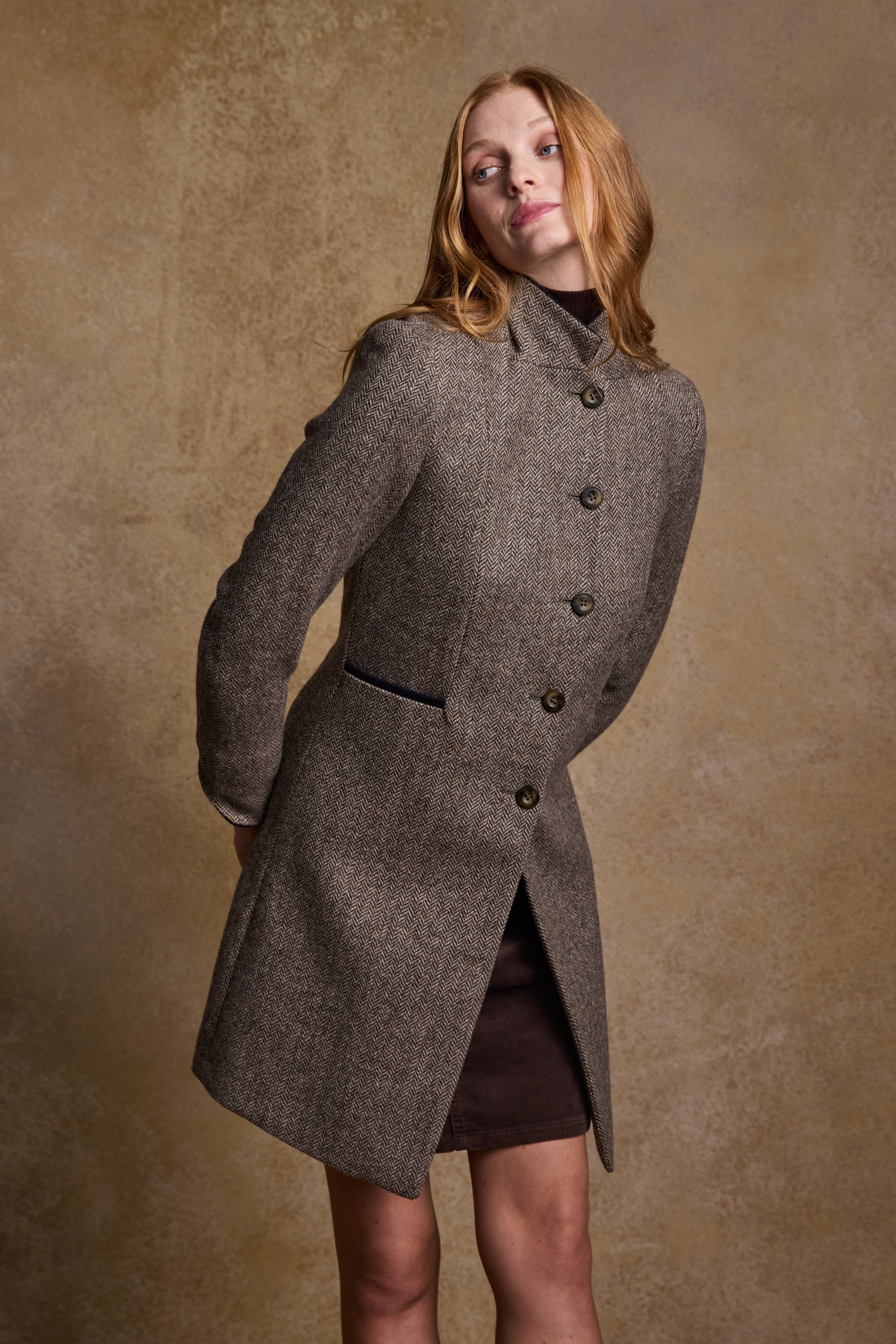Isabella Tweed Mantel - Hellbraunes Fischgrätenmuster