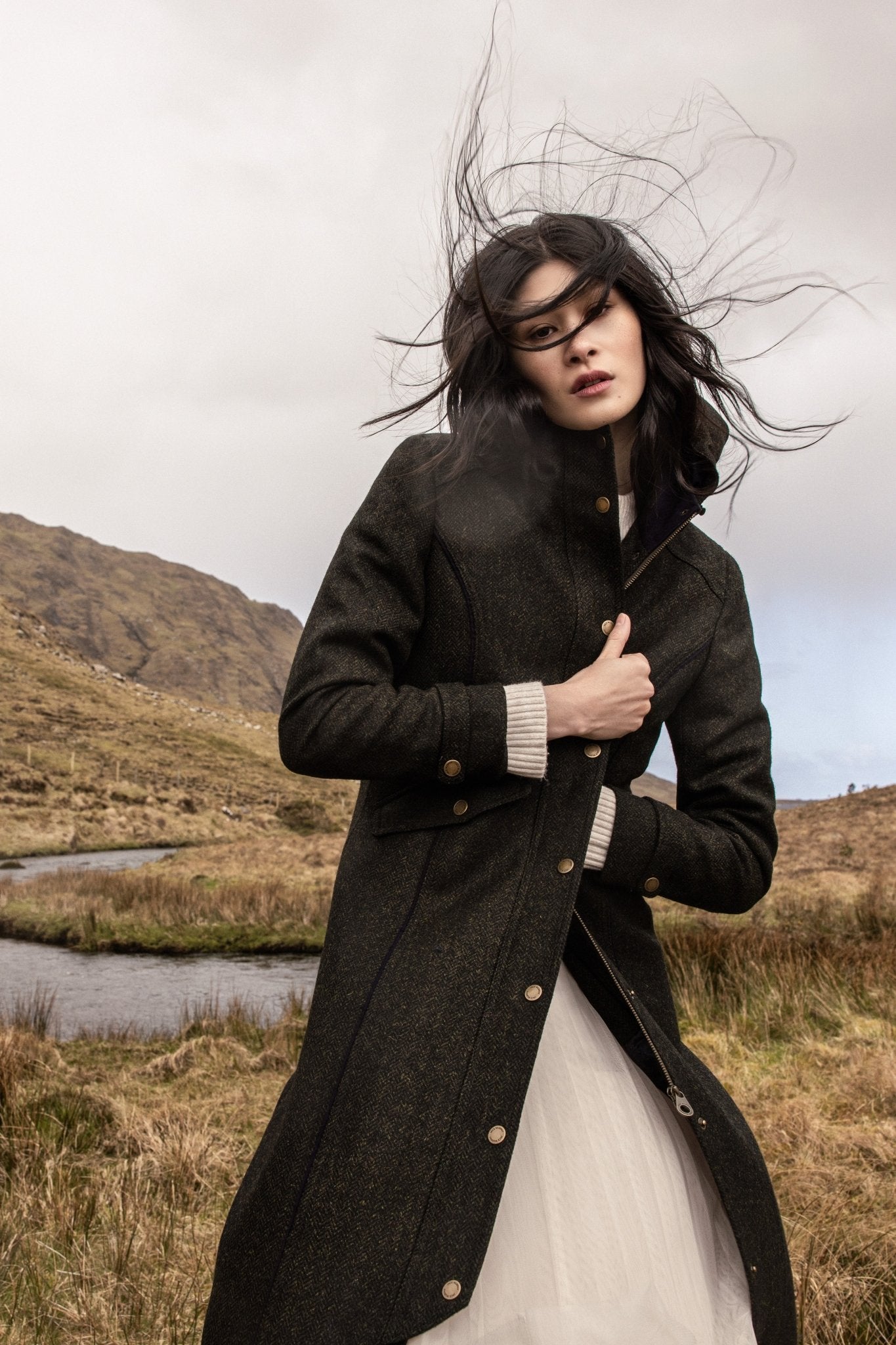Jack Murphy Ireland - Julia Long Tweed Coat - Deep Green Herringbone - Tweed