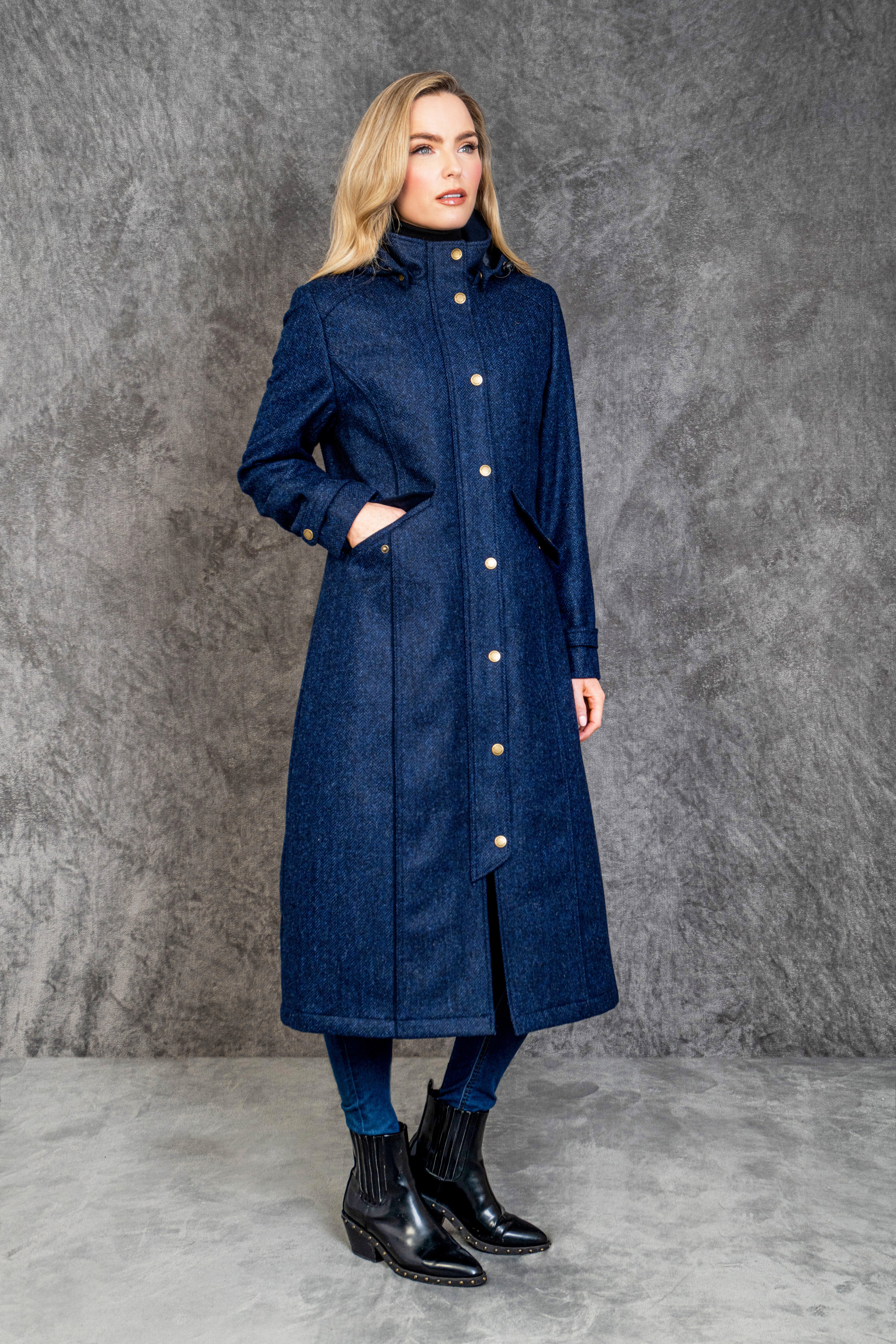 Julia Long Tweed Coat - Navy Herringbone