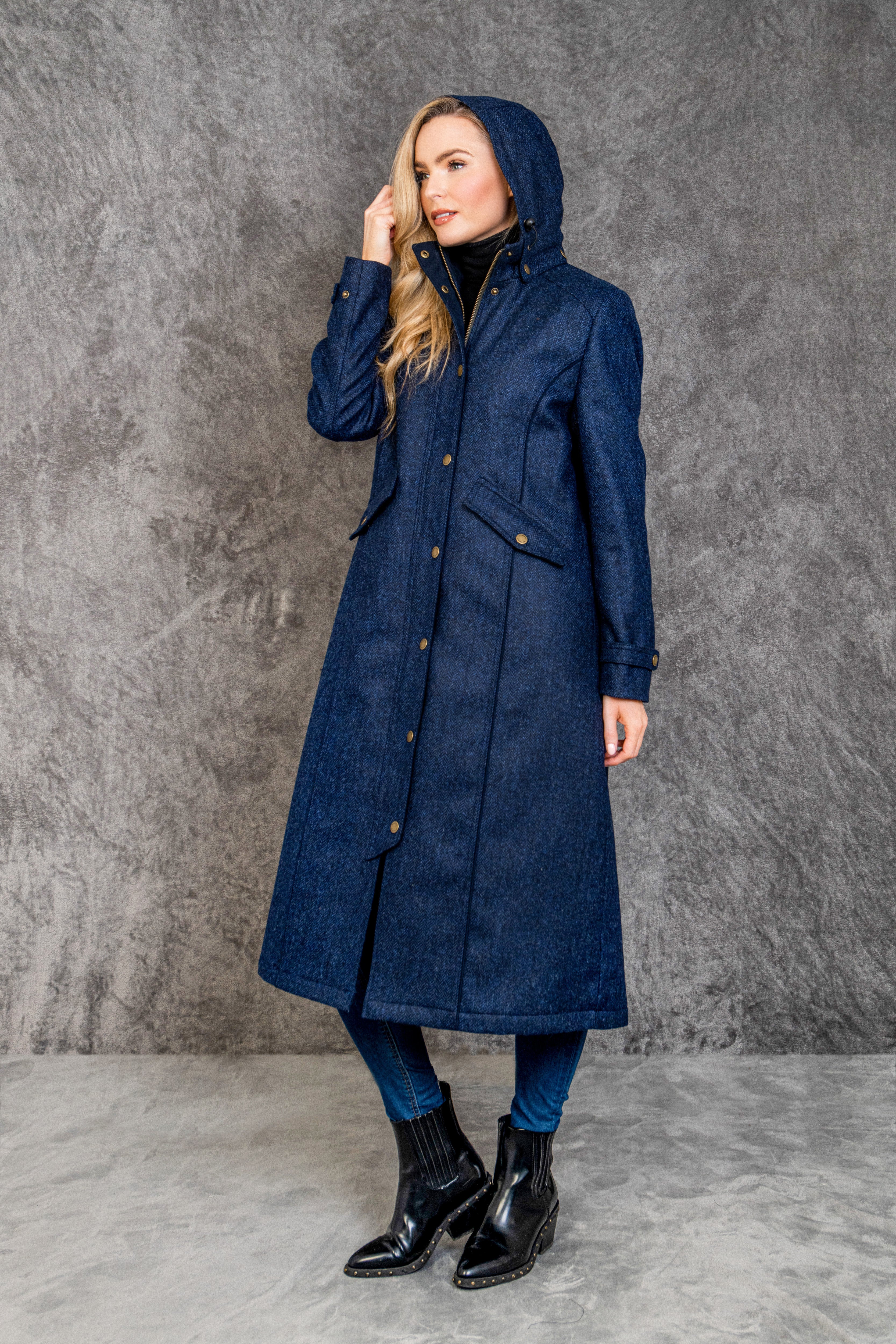 Julia Long Tweed Coat - Navy Herringbone