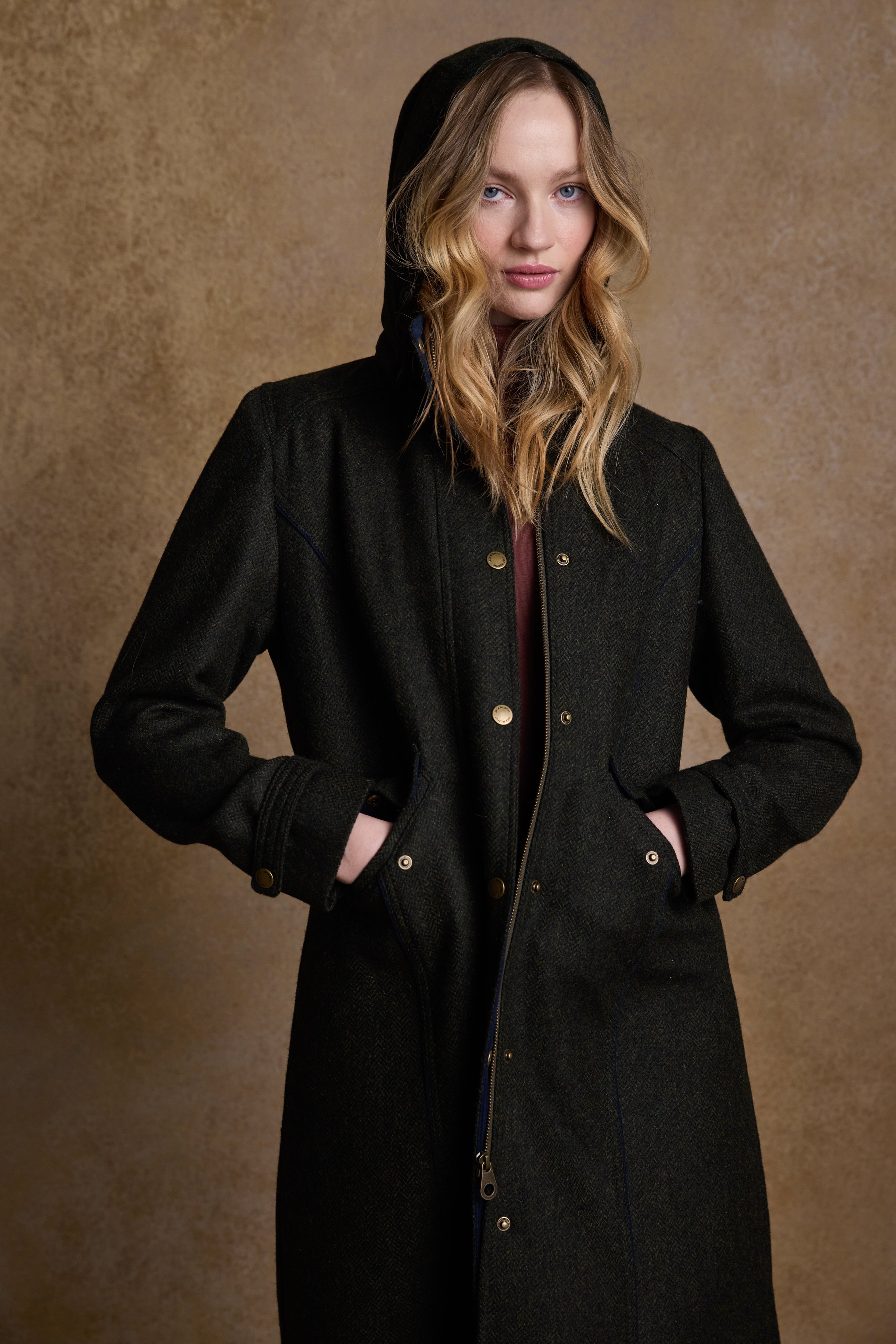 Julia Long Tweed Coat - Deep Green Herringbone