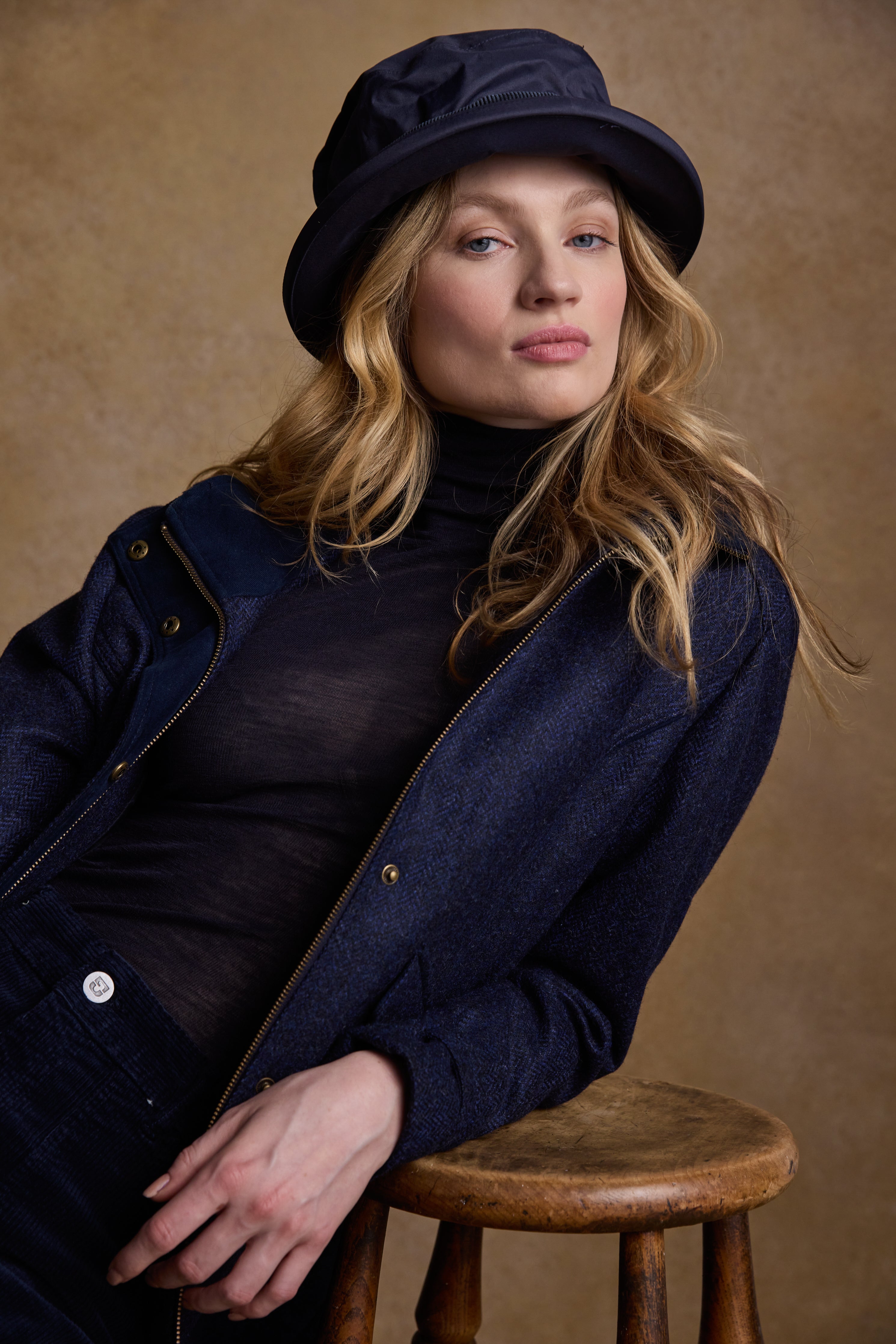 Julia Long Tweed Coat - Navy Herringbone