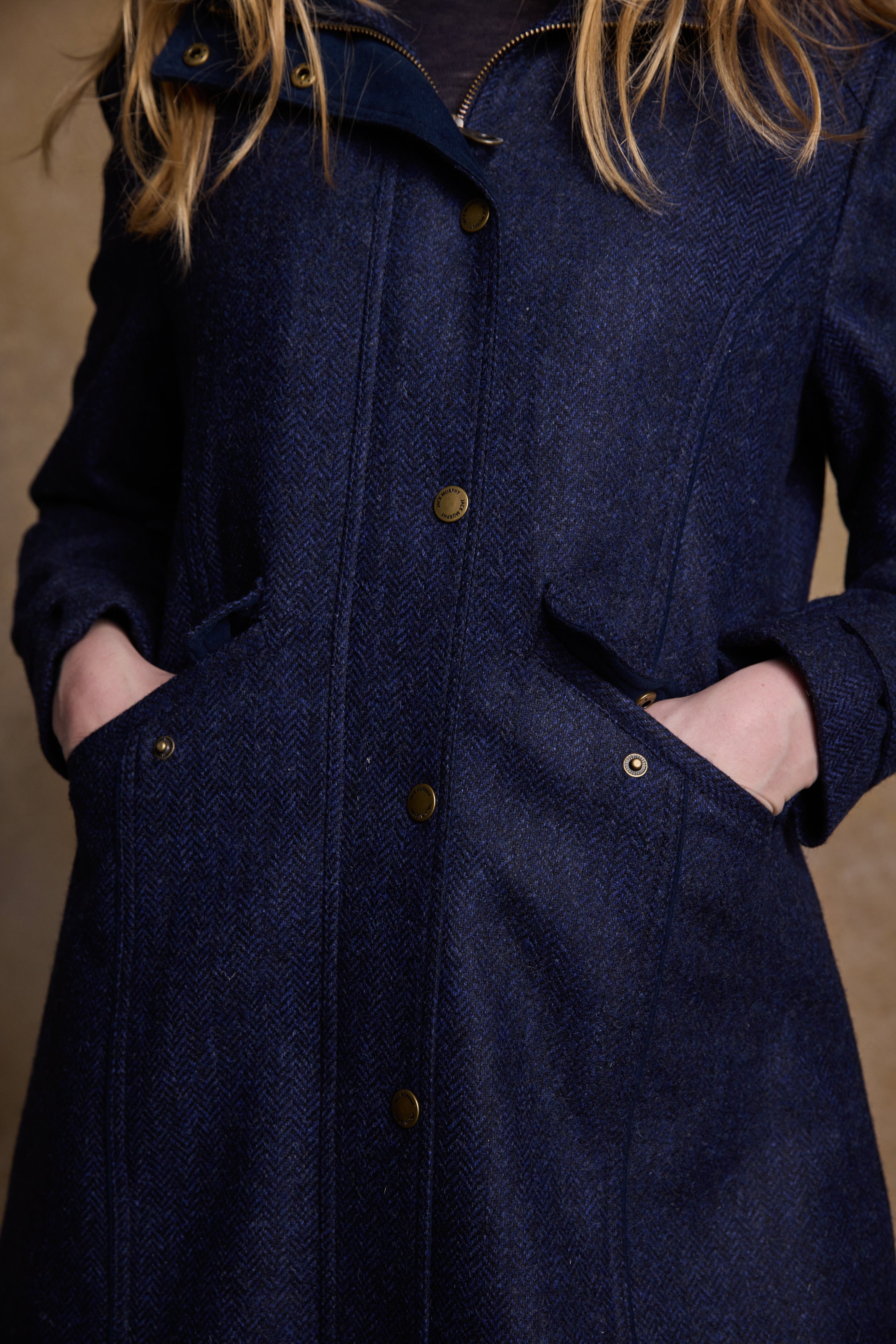 Julia Long Tweed Coat - Navy Herringbone