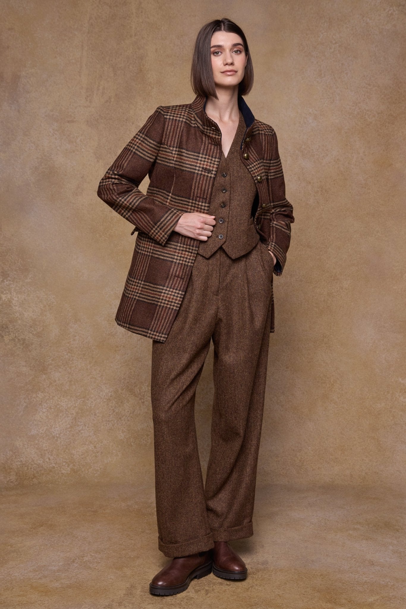 Jack Murphy Clothing - Faye Tweed Trousers - Chestnut Herringbone - Tweed