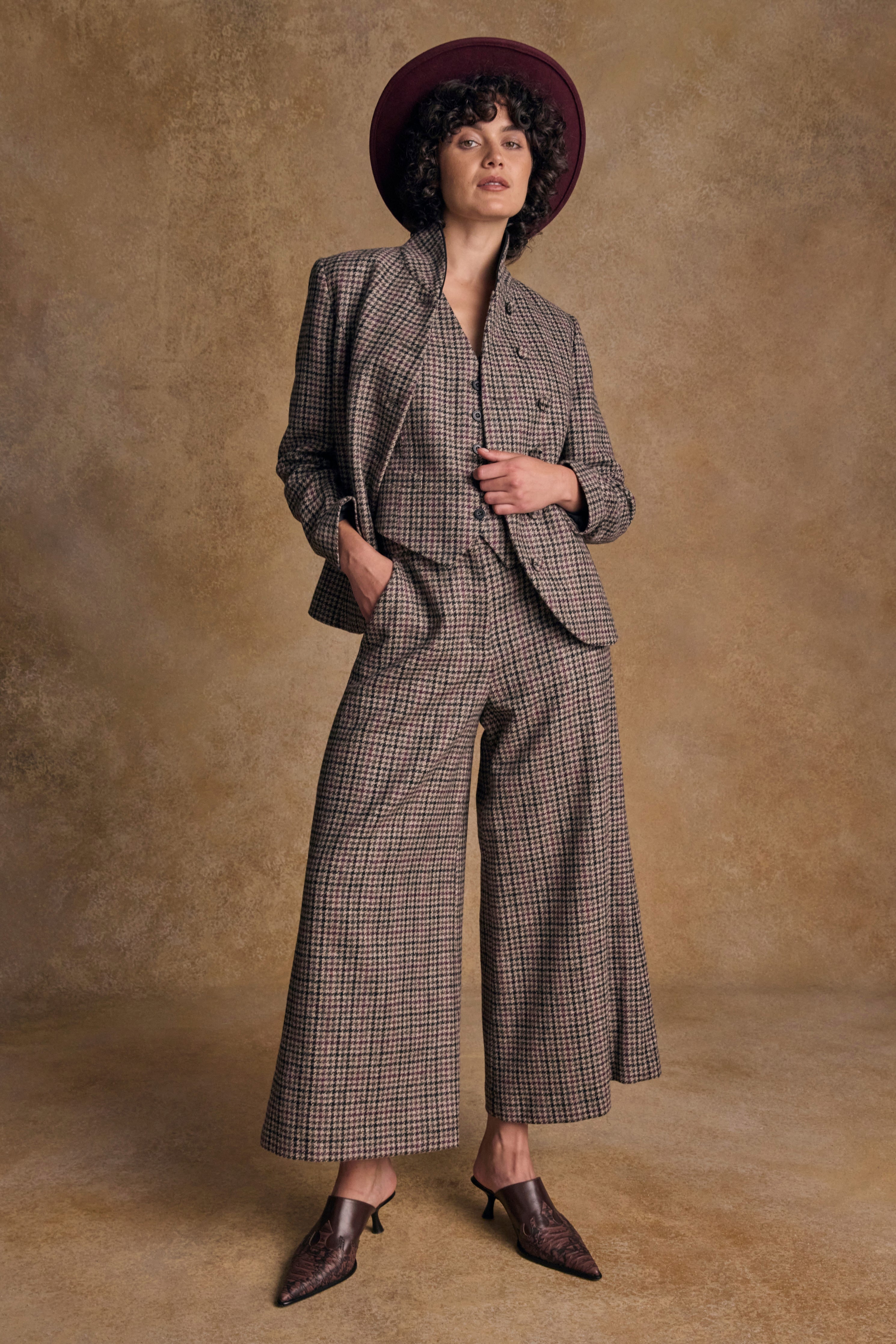 Enya Tweed Culottes - Grünes Fischgrätenmuster