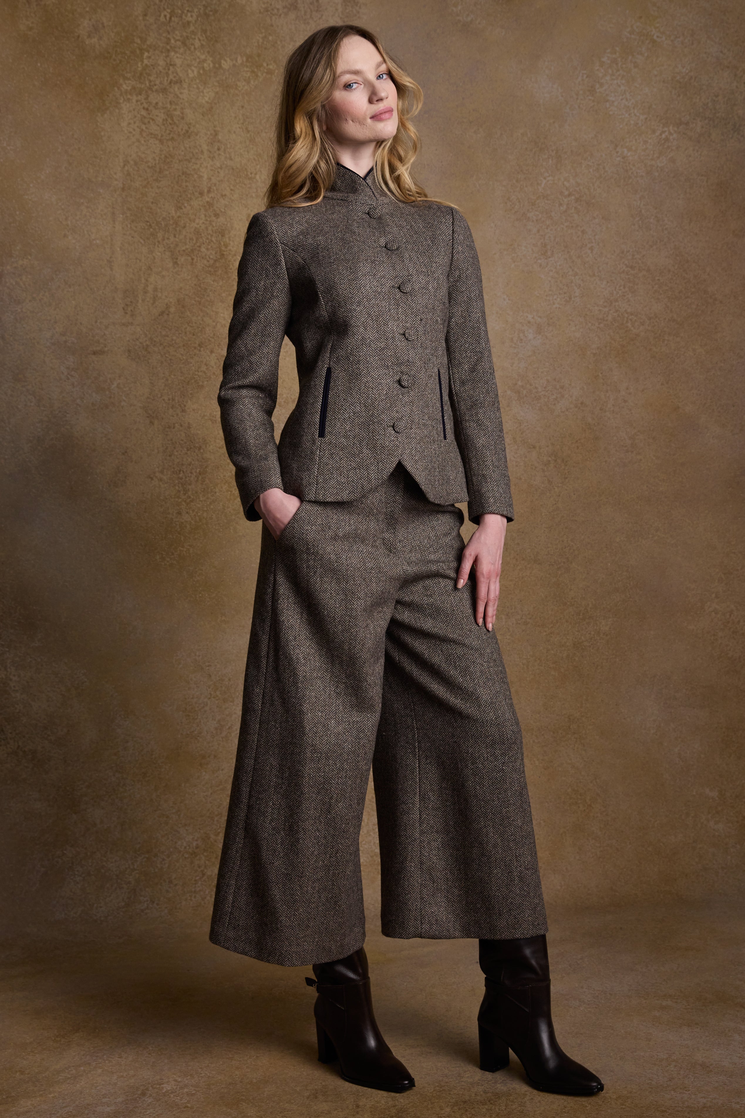 Enya Tweed-Culotte - Hellbraunes Fischgrätenmuster