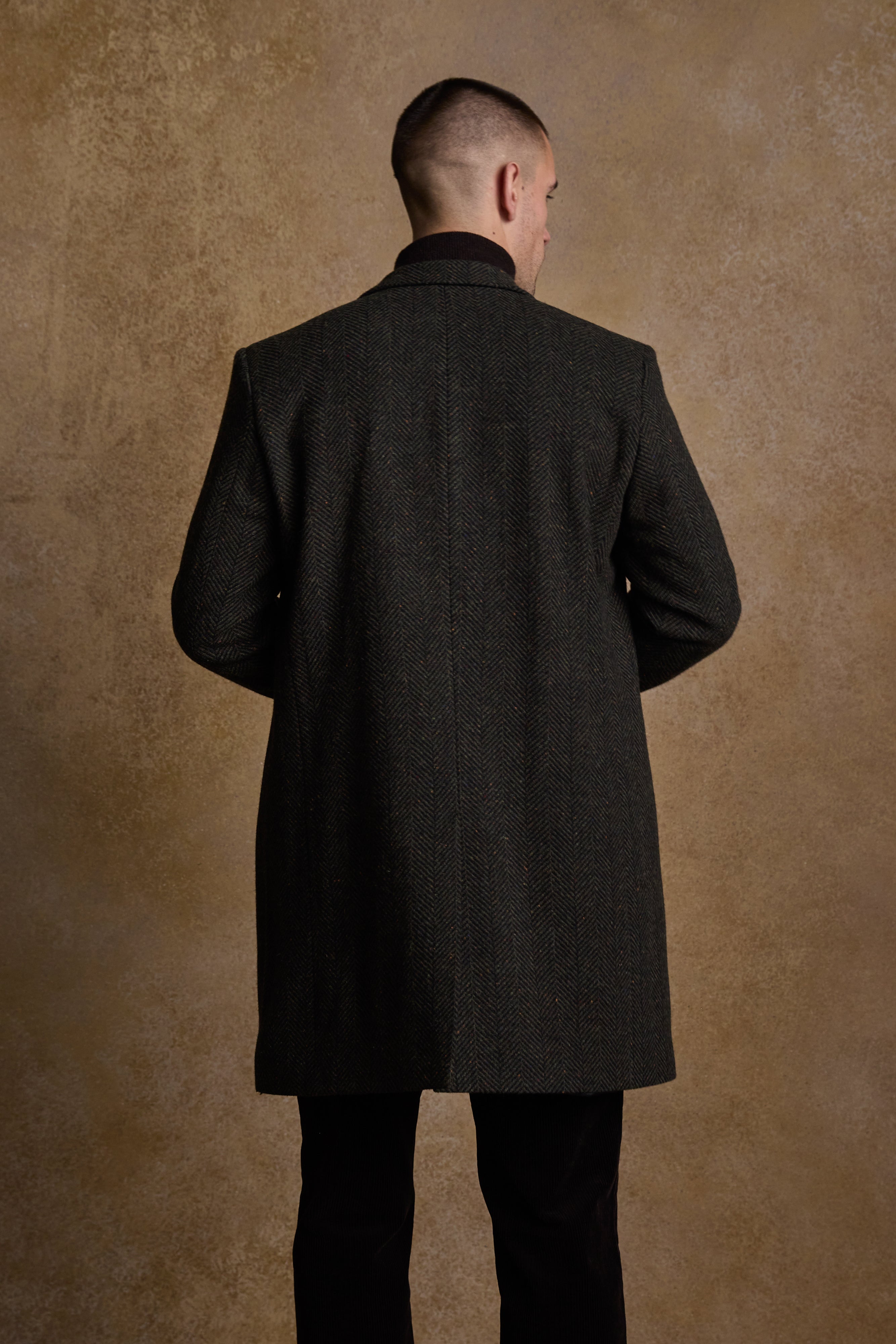 Owen Tweed Coat - Olivgrünes breites Fischgrätenmuster