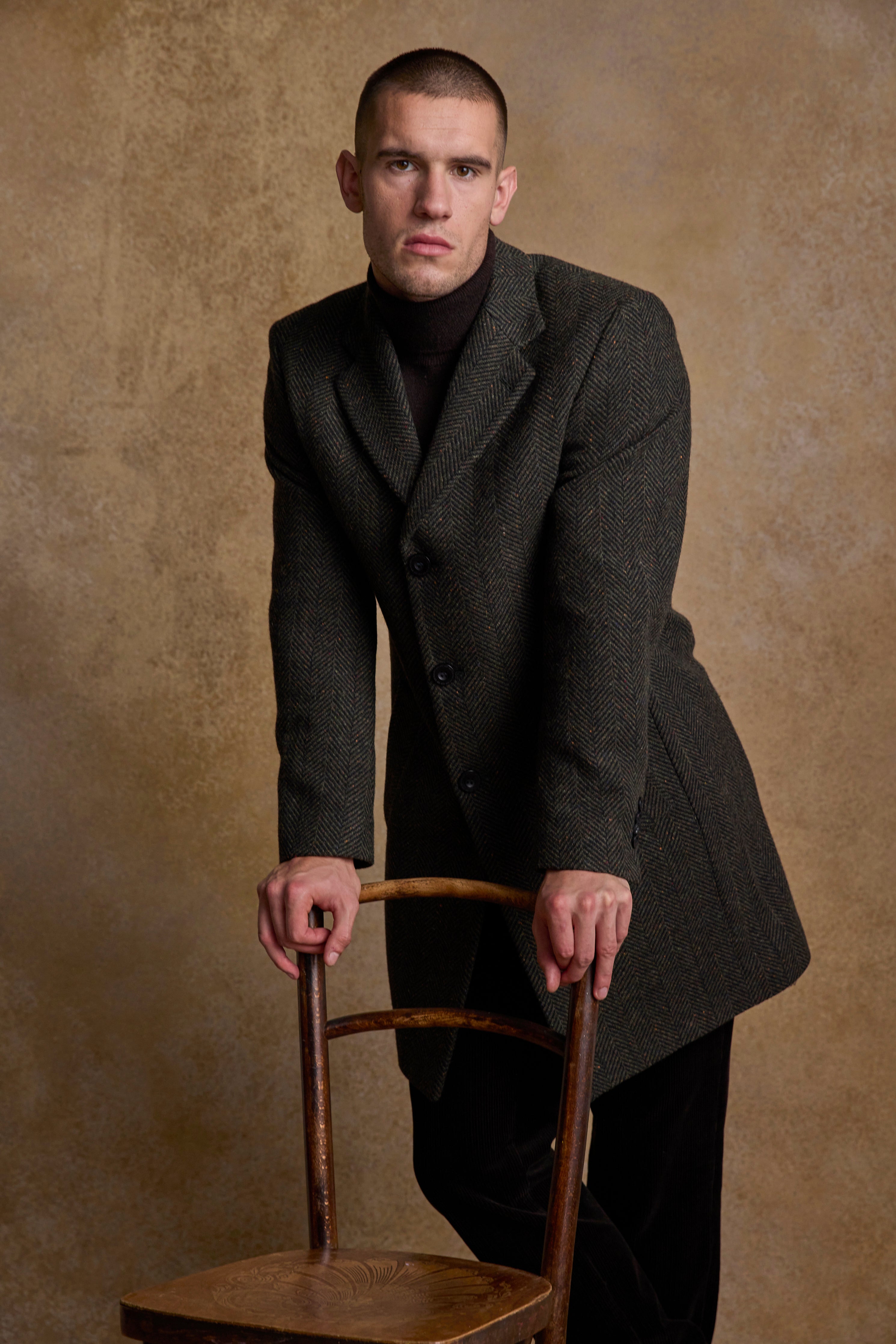 Owen Tweed Coat - Olivgrünes breites Fischgrätenmuster