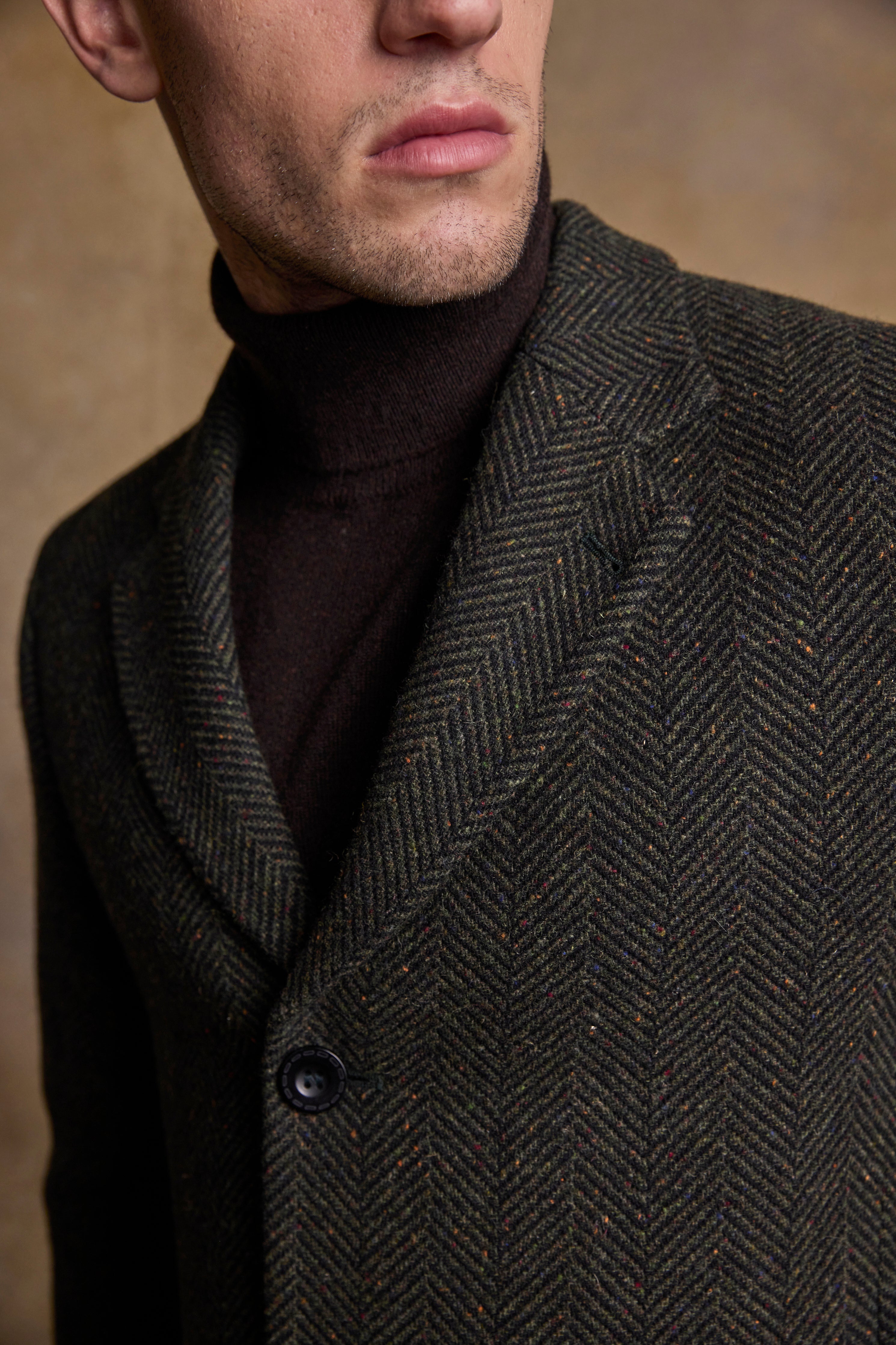 Owen Tweed Coat - Olivgrünes breites Fischgrätenmuster