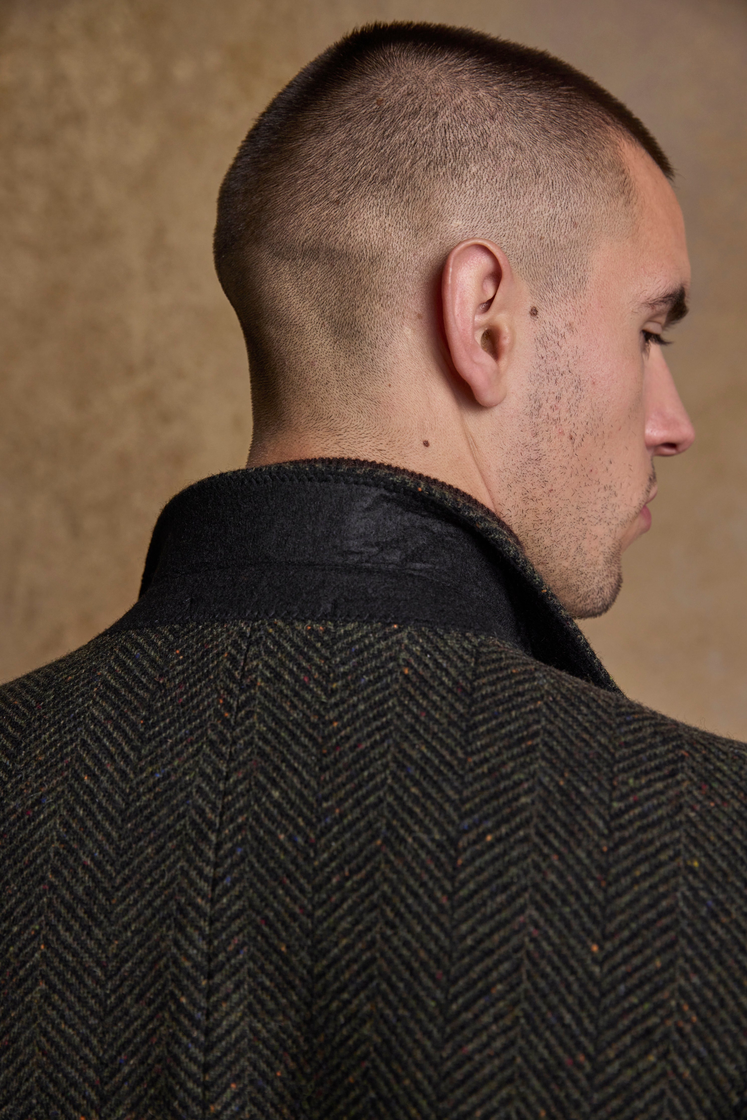 Owen Tweed Coat - Olivgrünes breites Fischgrätenmuster