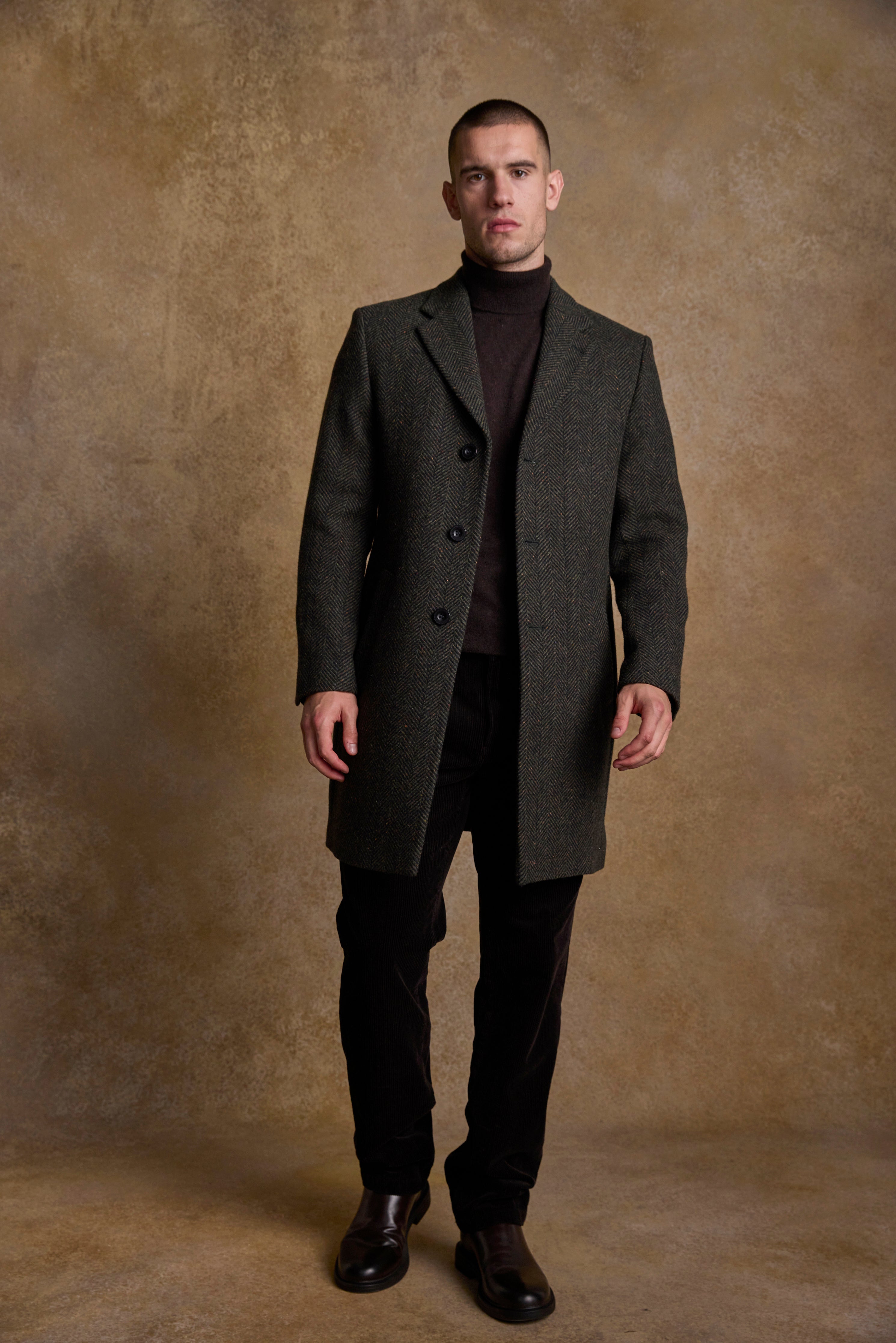 Owen Tweed Coat - Olivgrünes breites Fischgrätenmuster