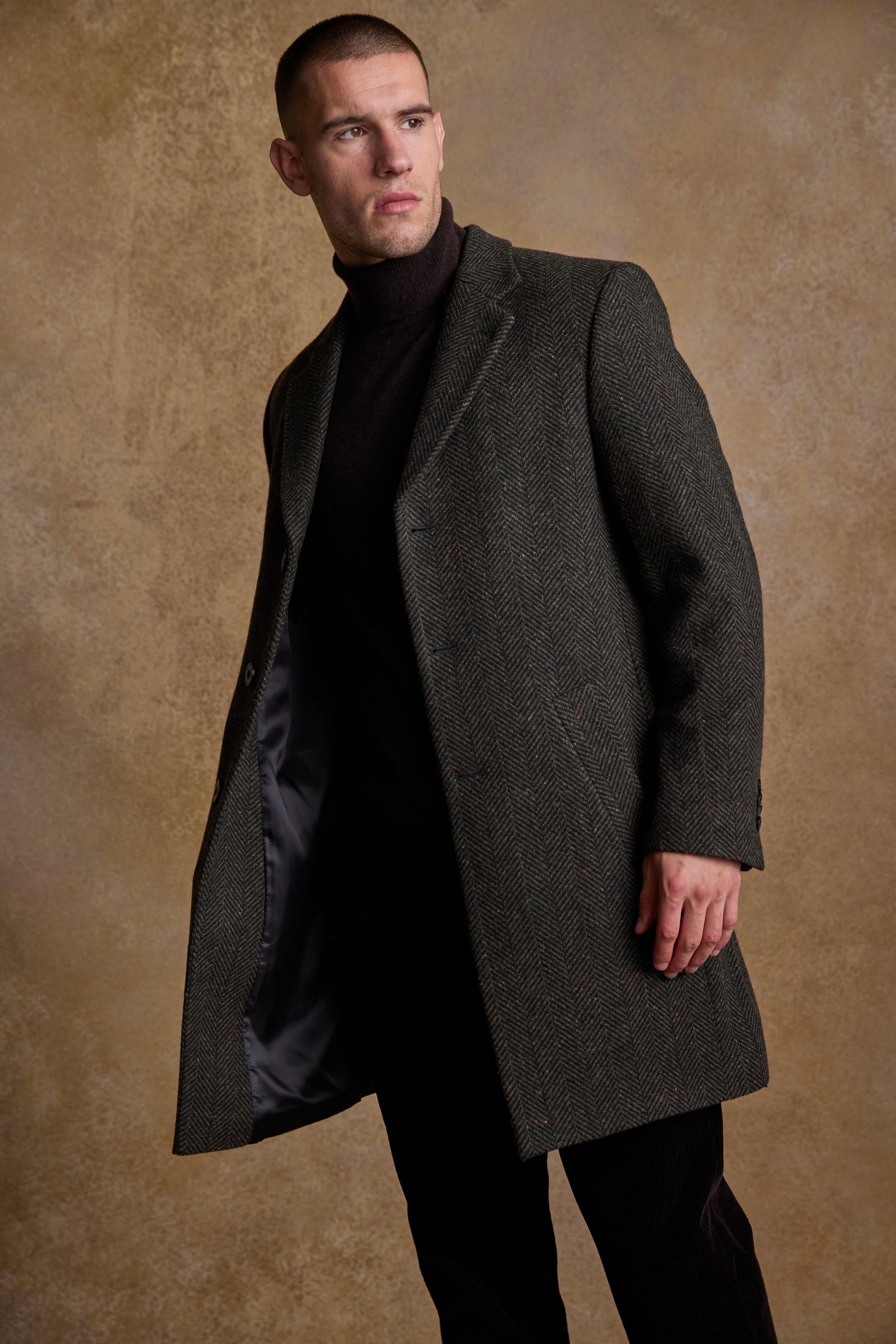 Owen Tweed Coat - Olivgrünes breites Fischgrätenmuster