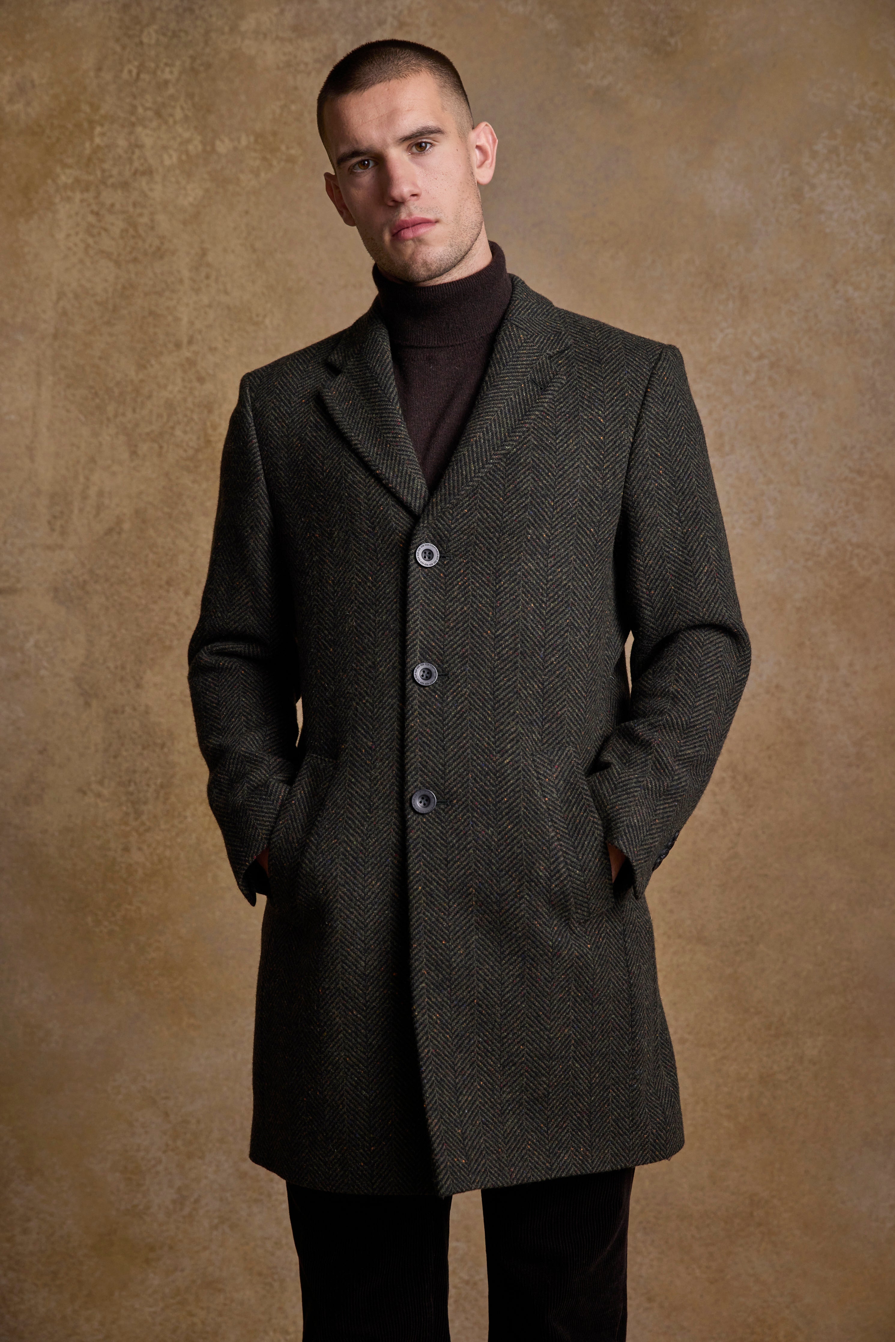Owen Tweed Coat - Olivgrünes breites Fischgrätenmuster