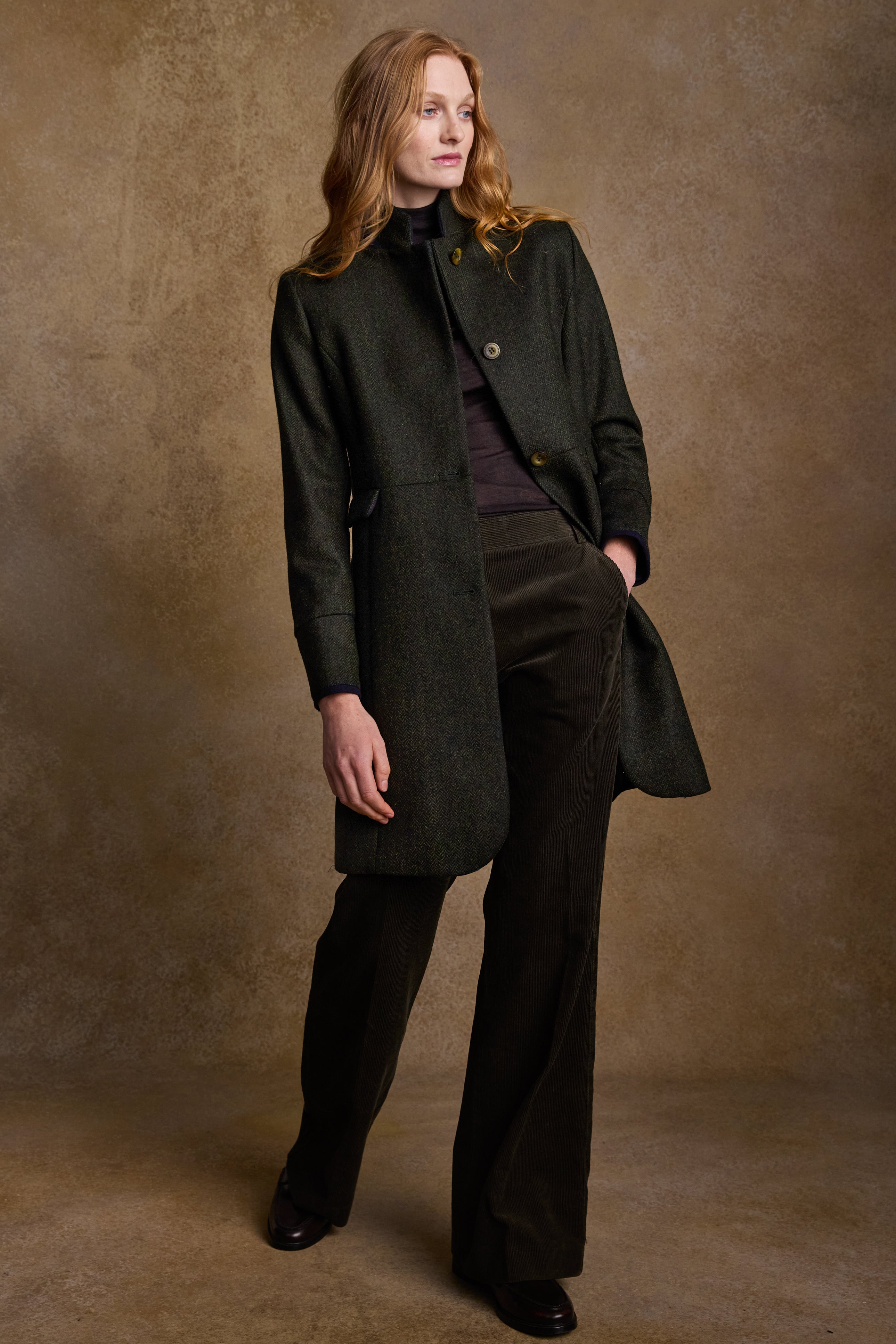 Pamela Tweed Coat - Green Herringbone