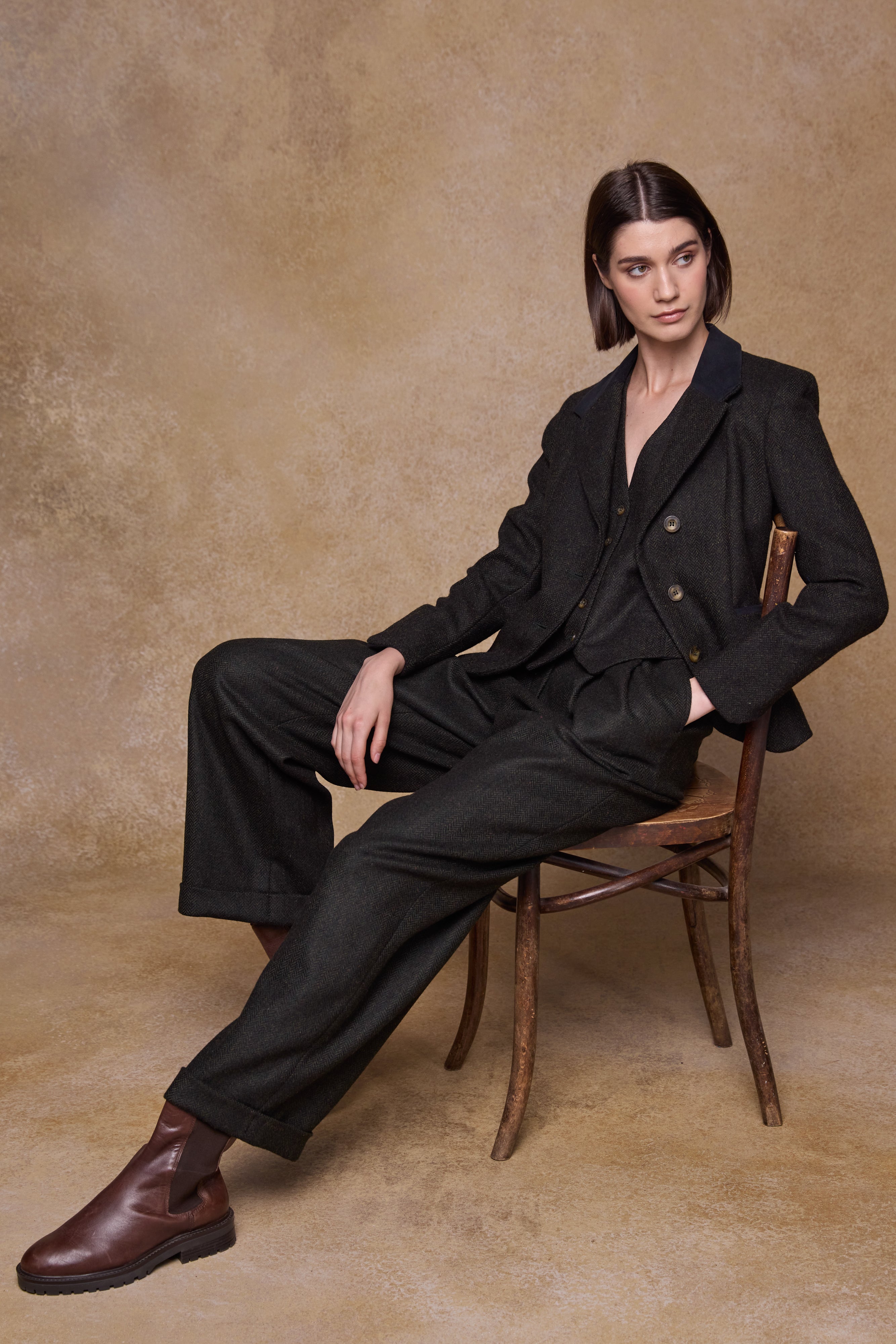 Faye Tweed Trousers - Green Herringbone