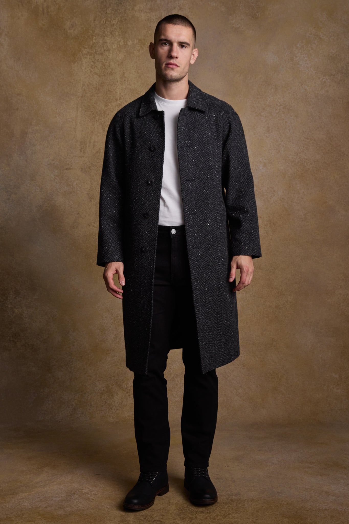 Owen Tweed Coat - Olivgrünes breites Fischgrätenmuster