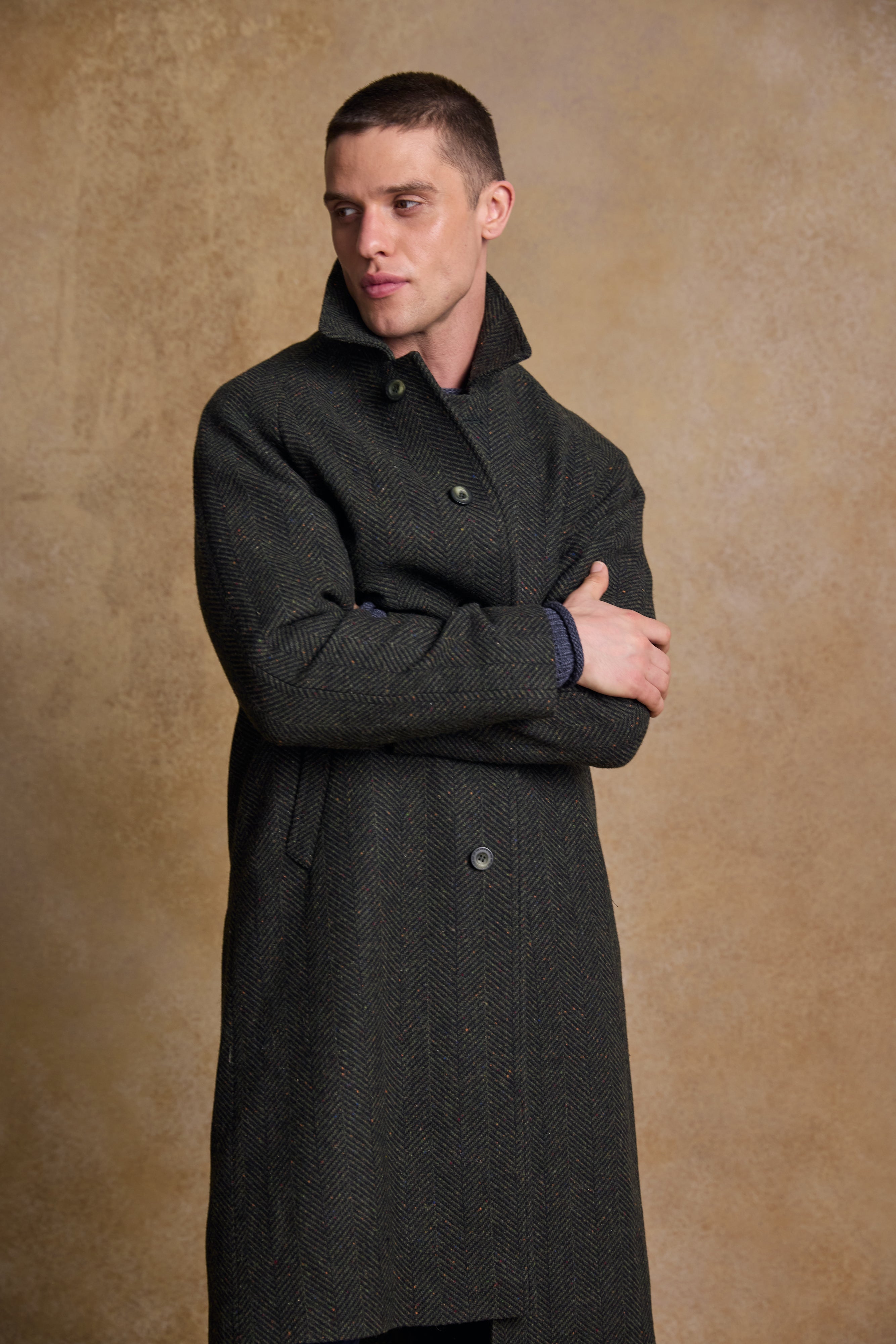 Owen Tweed Coat - Olivgrünes breites Fischgrätenmuster