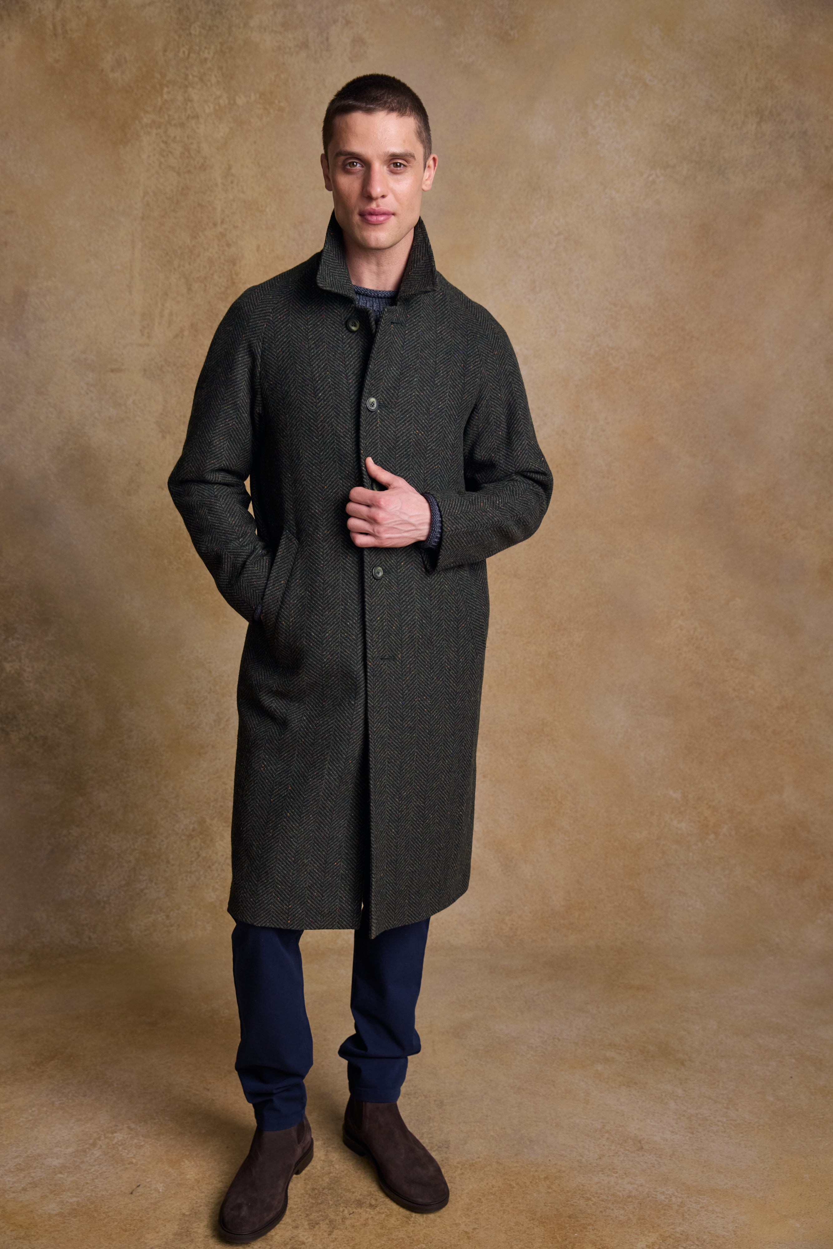 Owen Tweed Coat - Olivgrünes breites Fischgrätenmuster
