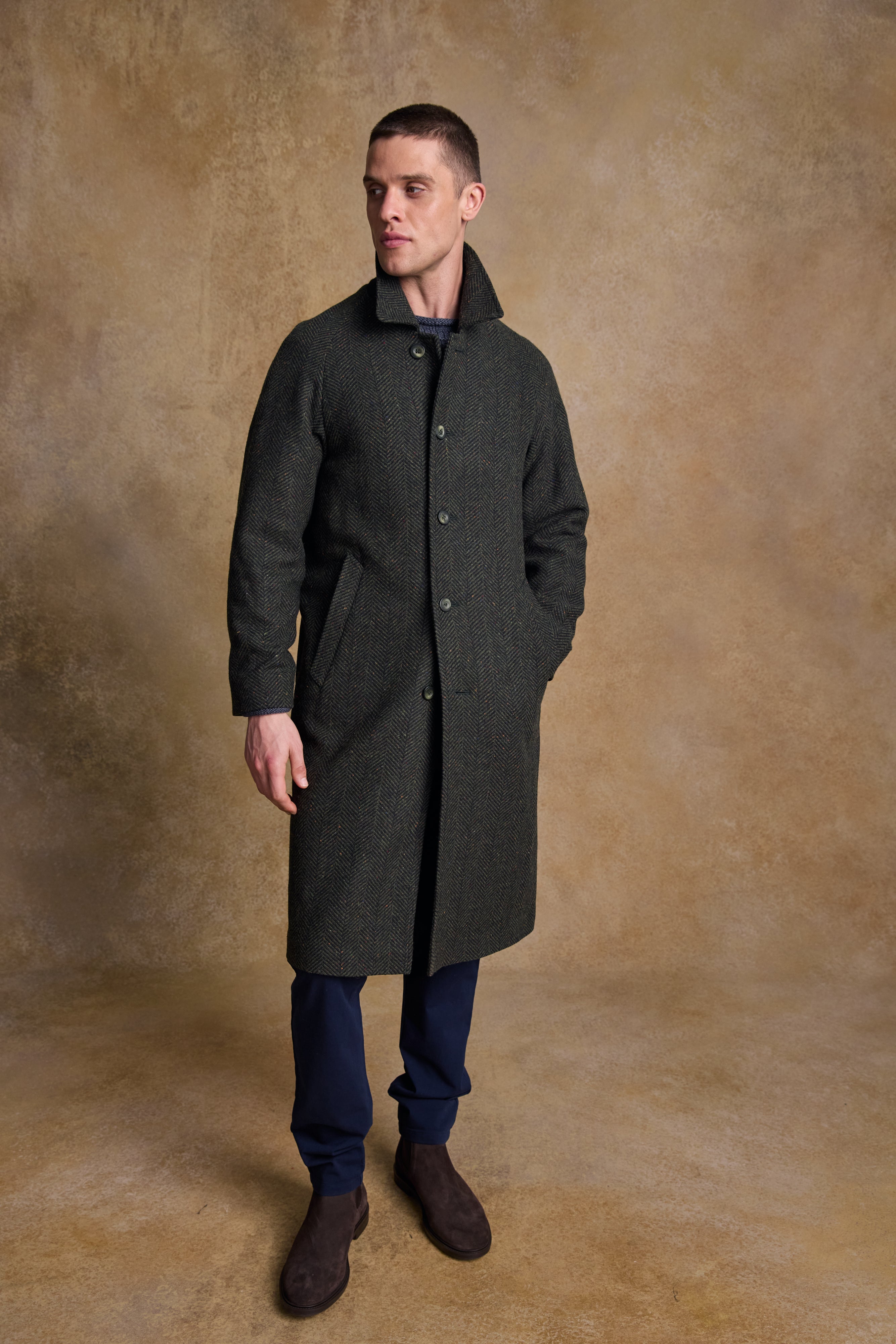 Owen Tweed Coat - Olivgrünes breites Fischgrätenmuster