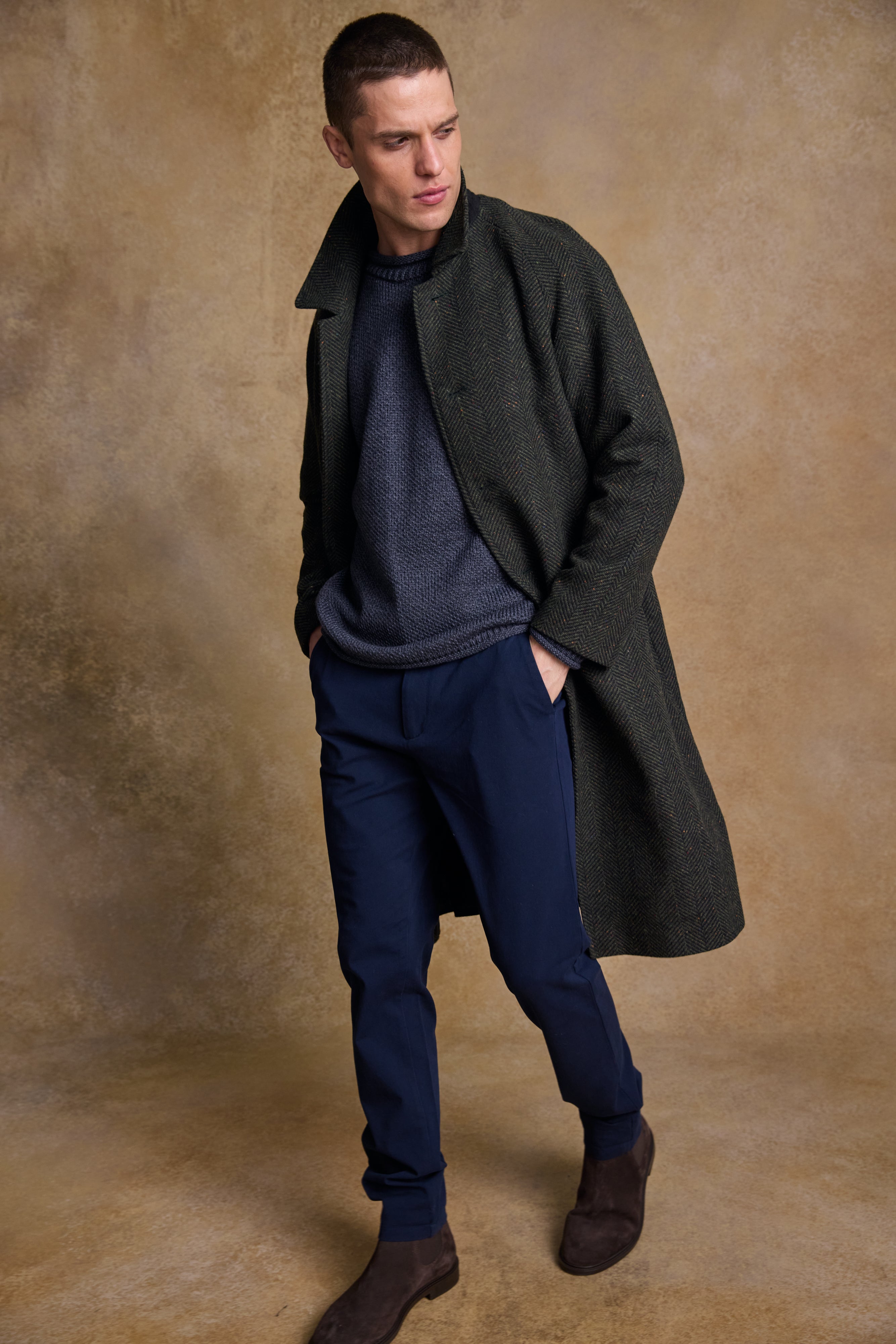 Owen Tweed Coat - Olivgrünes breites Fischgrätenmuster