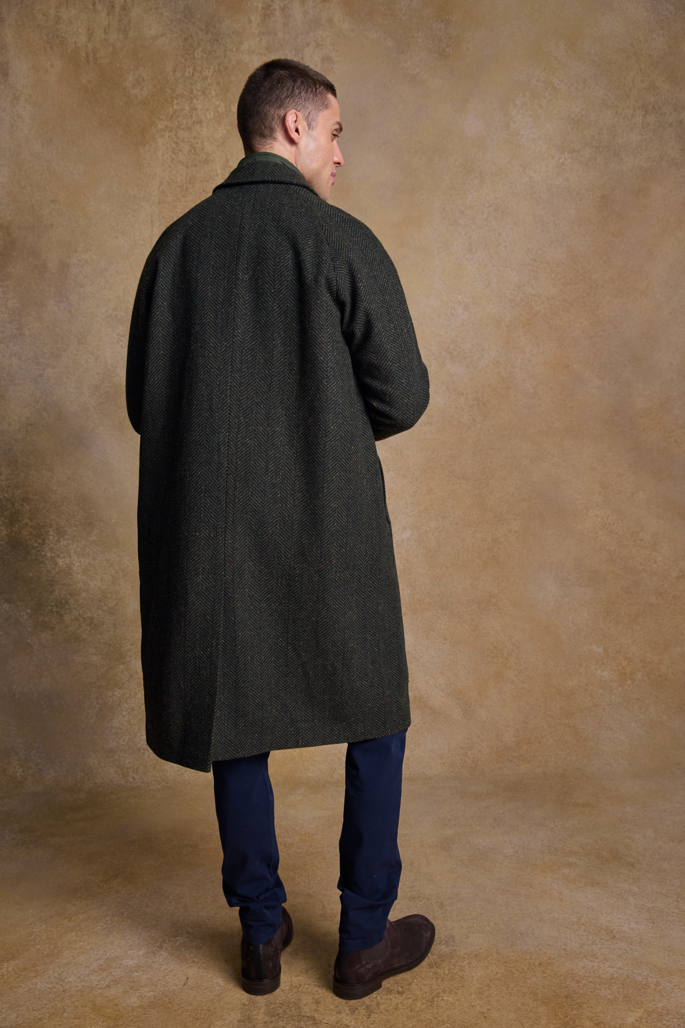 Owen Tweed Coat - Olivgrünes breites Fischgrätenmuster