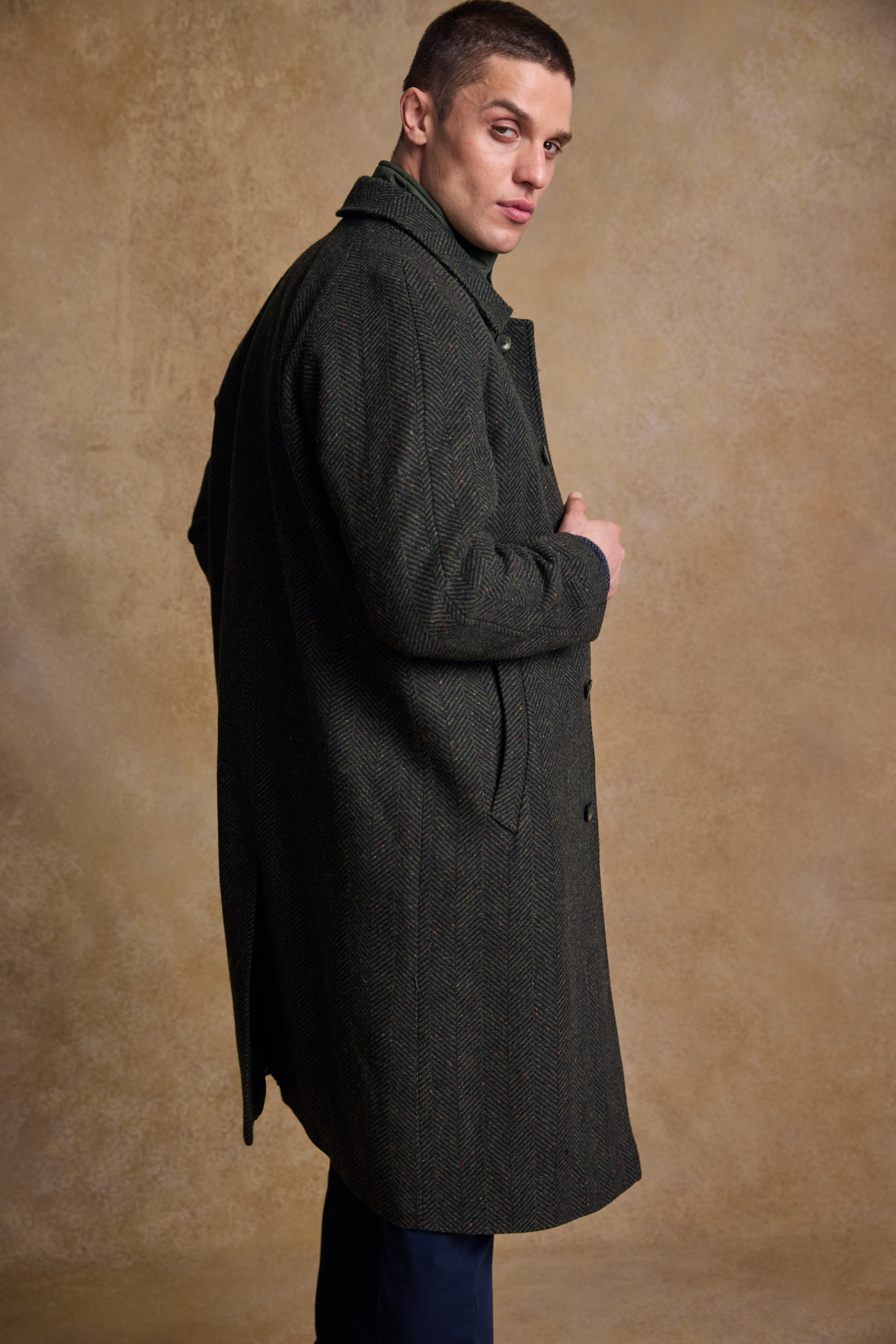 Owen Tweed Coat - Olivgrünes breites Fischgrätenmuster