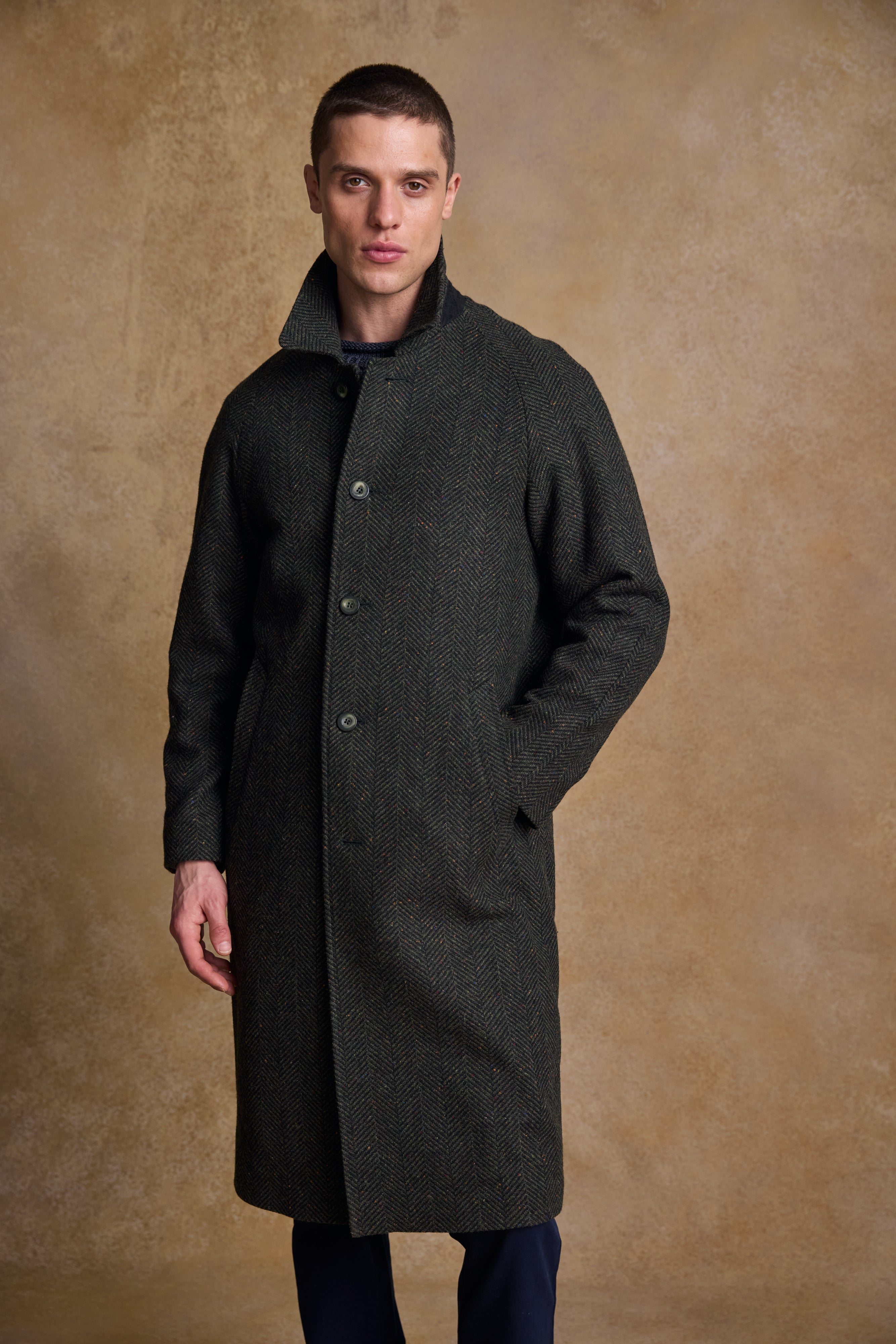 Owen Tweed Coat - Olivgrünes breites Fischgrätenmuster