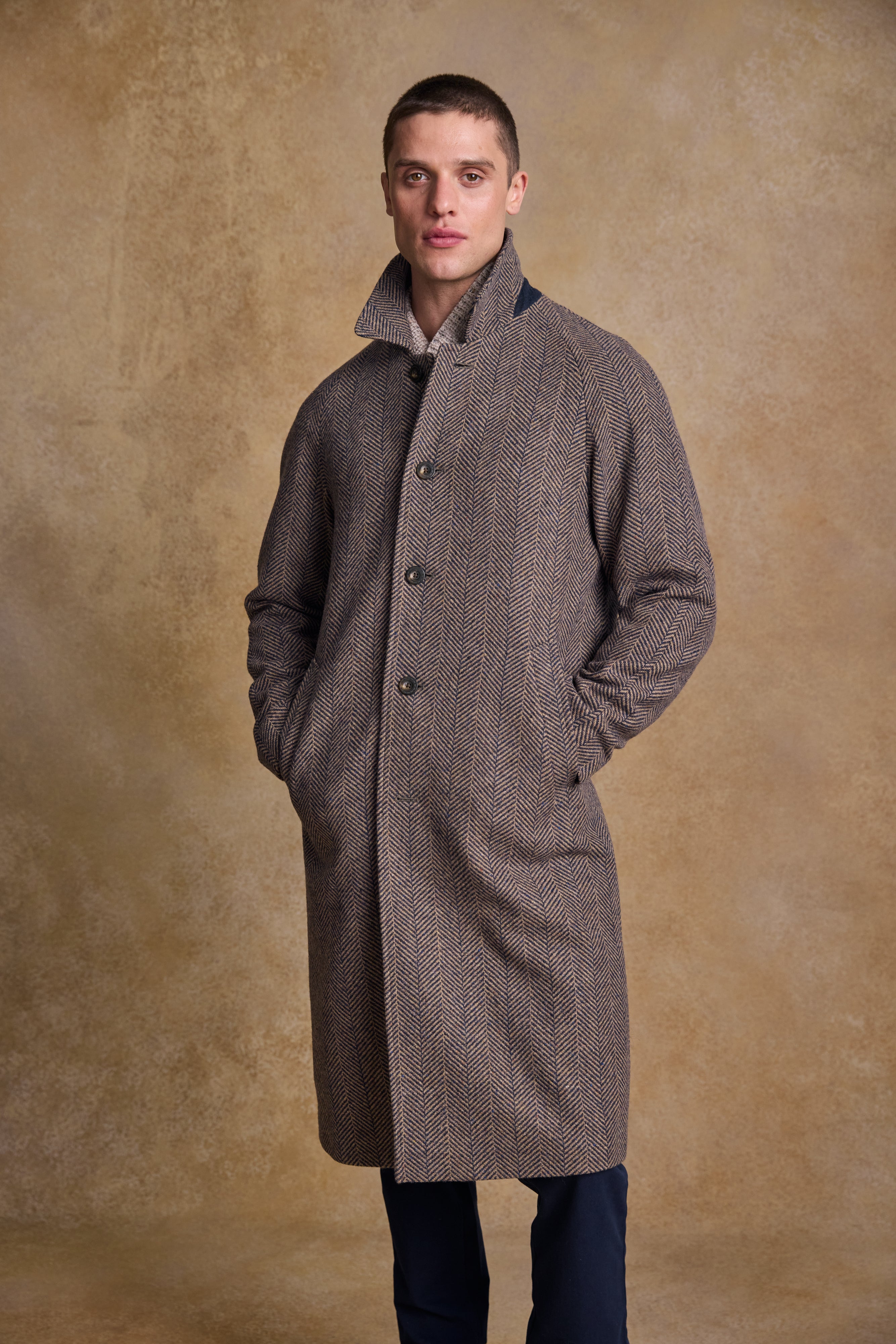 Owen Tweed Coat - Olivgrünes breites Fischgrätenmuster