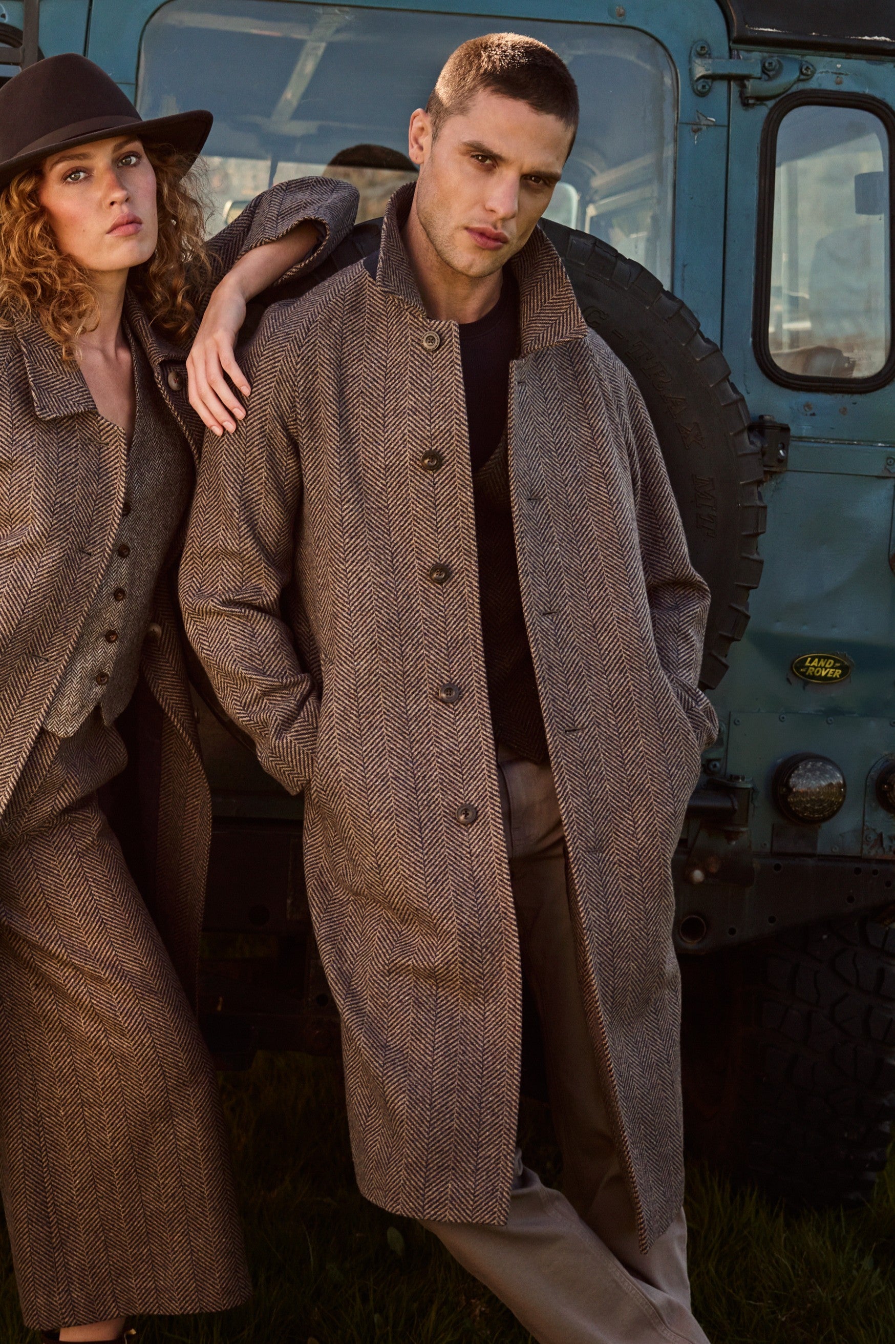 Owen Tweed Coat - Olivgrünes breites Fischgrätenmuster