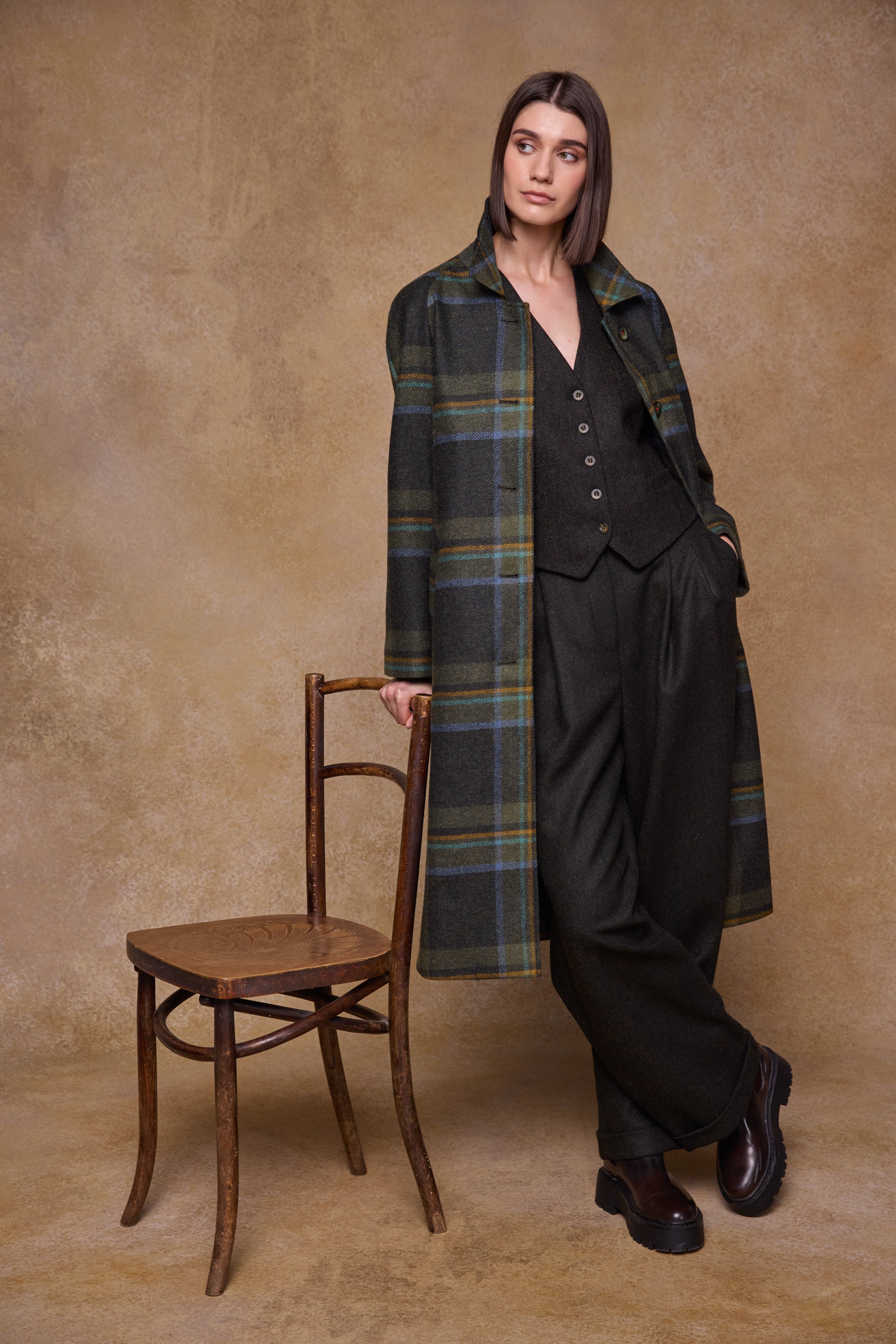 Faye Tweed Trousers - Green Herringbone