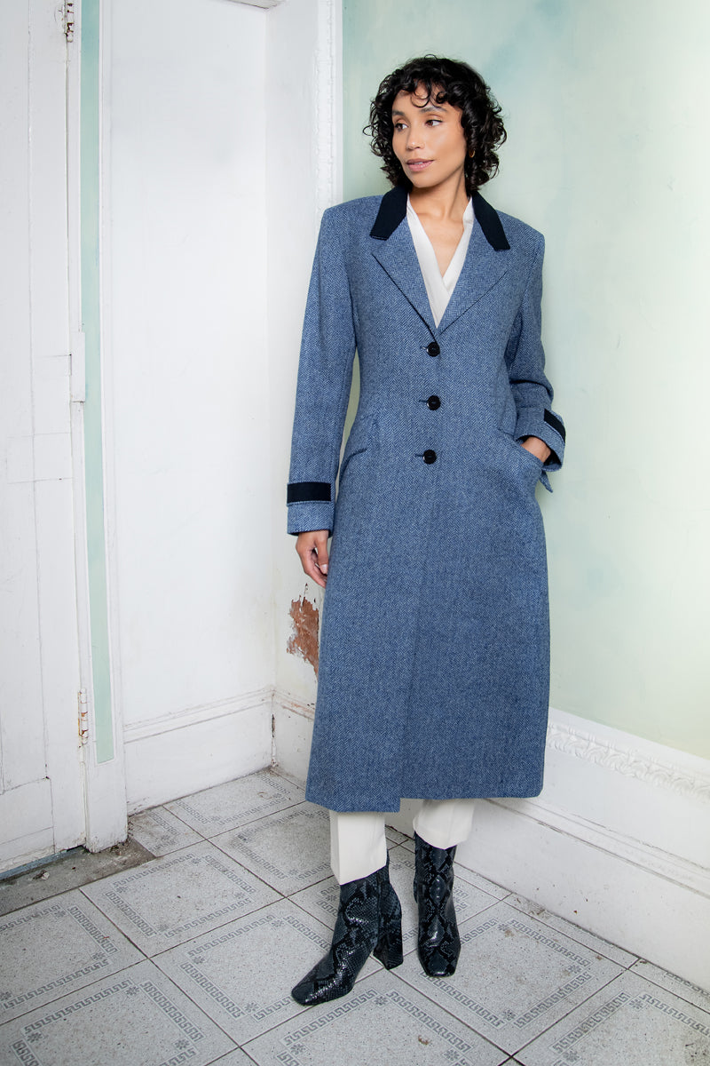 Fran Tweed Coat - Light Blue Herringbone - Jack Murphy Ireland