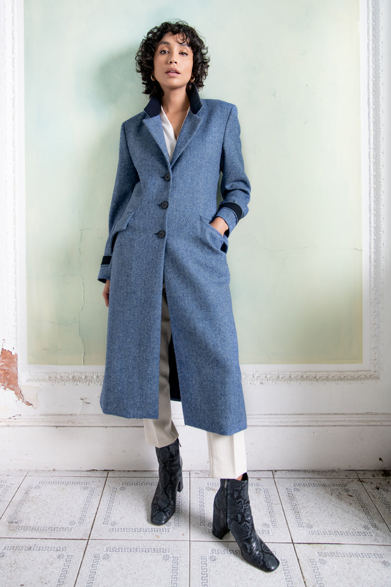 Fran Tweed Coat - Light Blue Herringbone